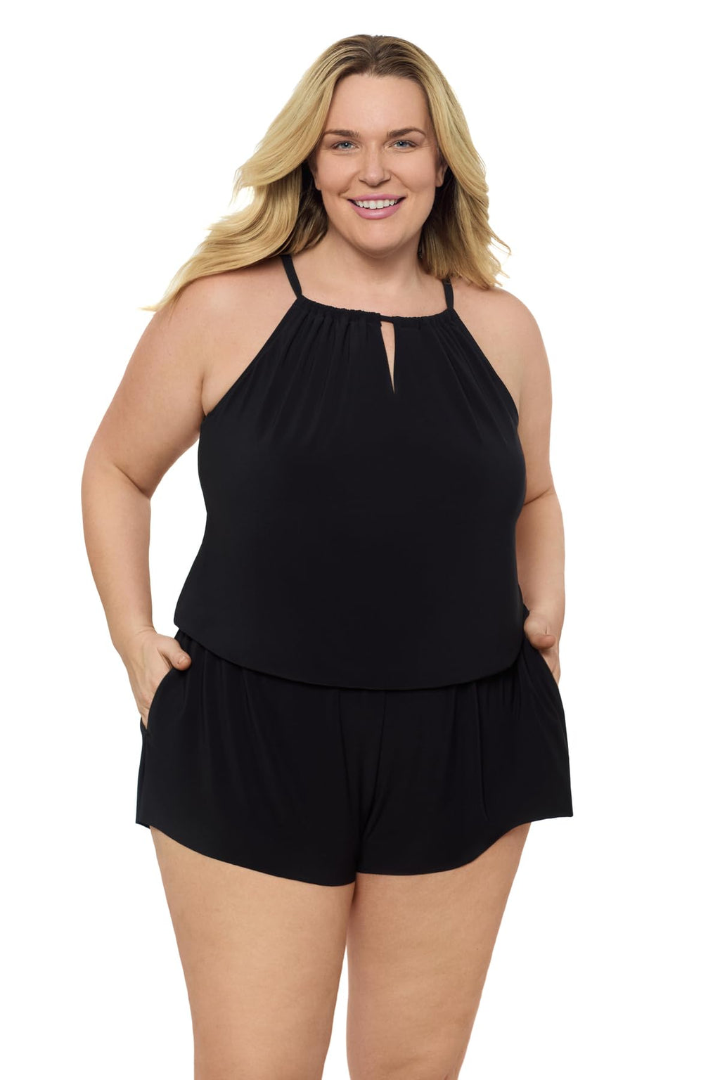 Aqua Green Women's Standard Keyhole Blouson Slimming Swim Romper with Pocket, Black - Image 1