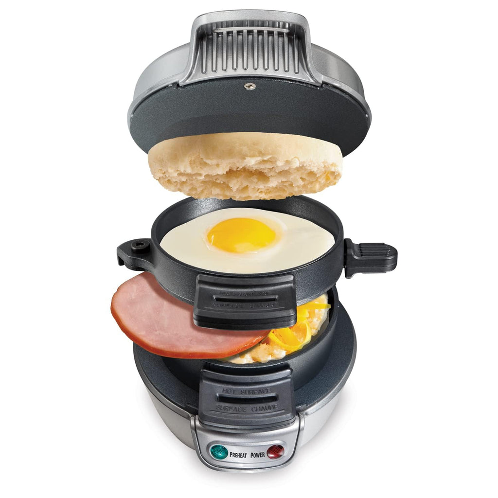 Hamilton Beach Breakfast Sandwich Maker with Egg Cooker Ring, Customize Ingredients, Perfect for English Muffins, Croissants, Mini Waffles, Perfect White Elephant Gifts, Silver (25475) - Image 1