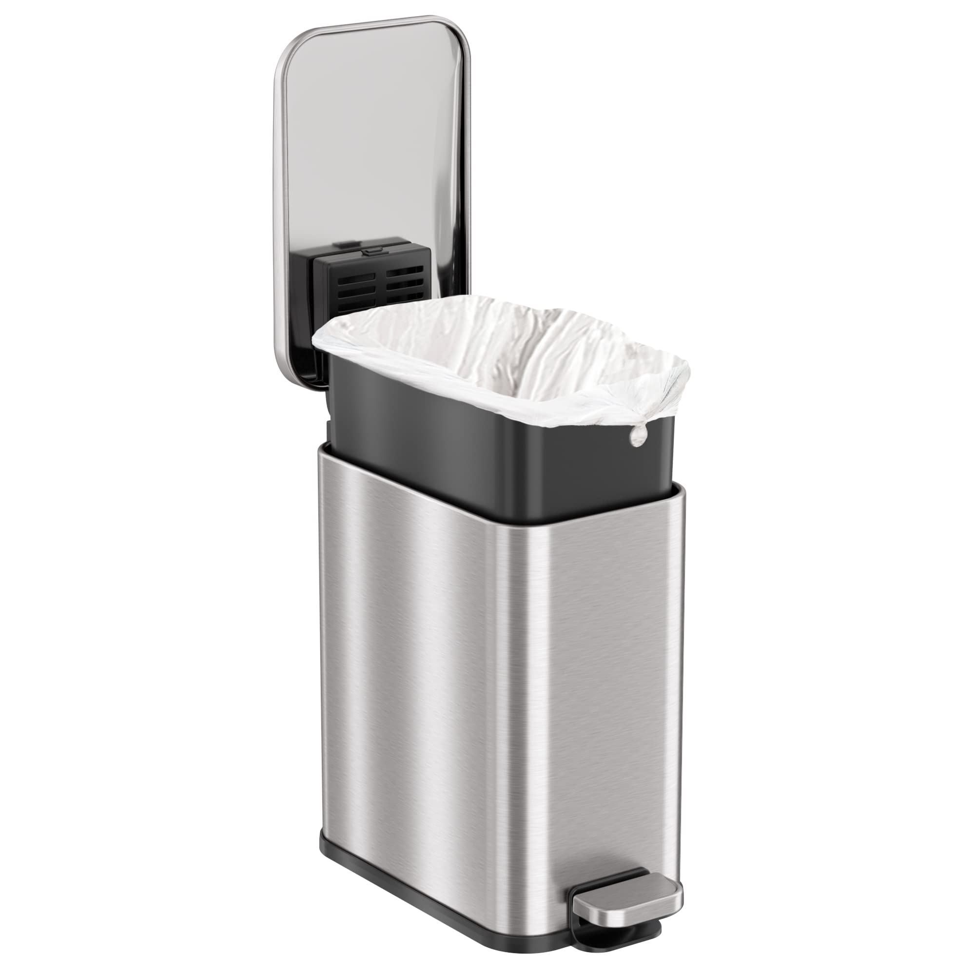 iTouchless 5 Liter / 1.32 Gallon SoftStep Bathroom Trash Can with Lid & AbsorbX Odor Filter – Slim Stainless Steel Wastebasket with Inner Bucket for Small Spaces, Home, Office, Bedroom, Living Room - Image 4