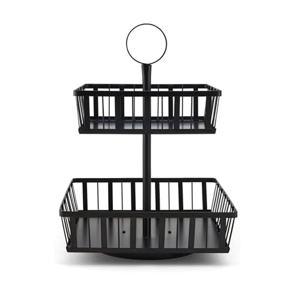 Gourmet Basics by Mikasa 2-Tier Rotating Storage Basket, Handcrafted Carbon Steel for Kitchen Fruit Basket or Bathroom Organizer - Black - Easy Access with Rotating Feature, Iron Basket with Handle - Image 1