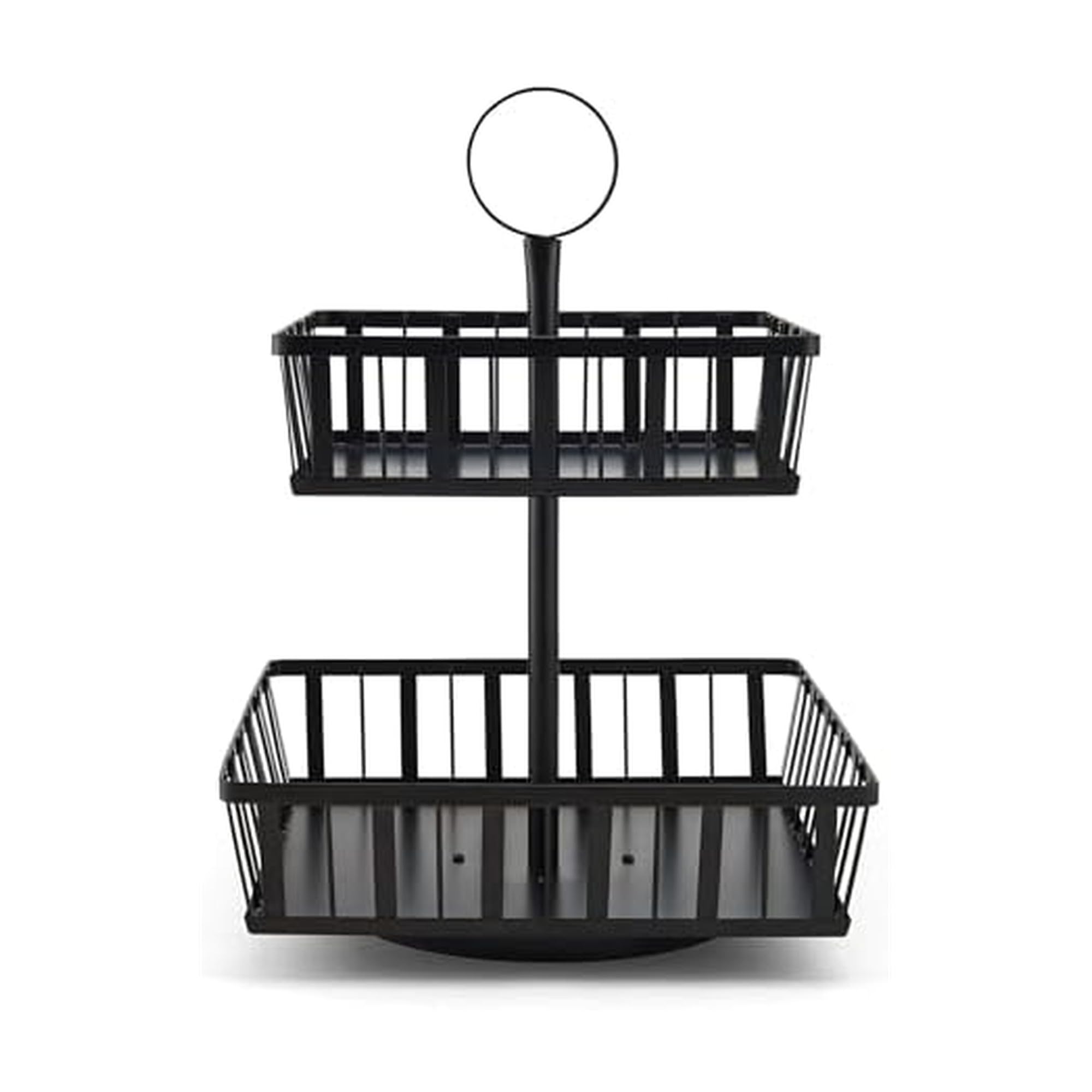 Gourmet Basics by Mikasa 2-Tier Rotating Storage Basket, Handcrafted Carbon Steel for Kitchen Fruit Basket or Bathroom Organizer - Black - Easy Access with Rotating Feature, Iron Basket with Handle - Image 1