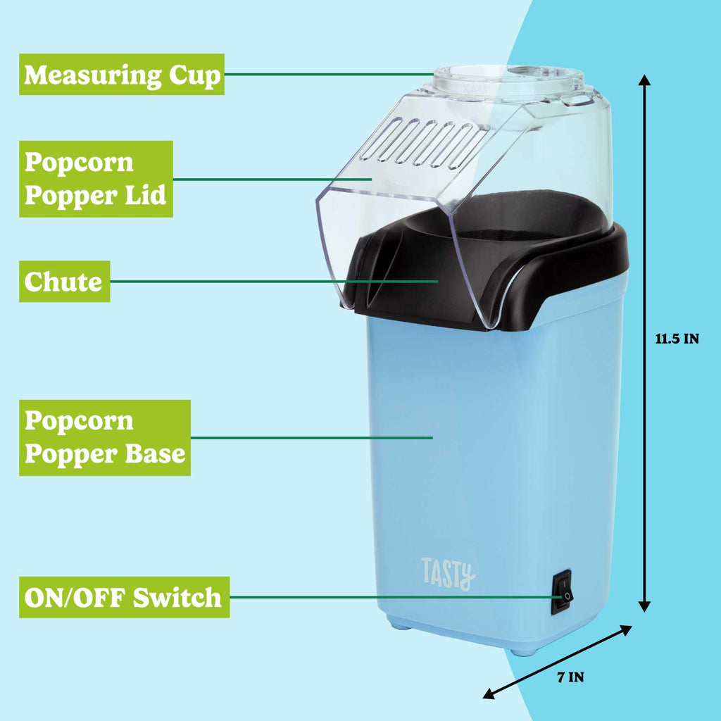 Tasty Hot Air Popcorn Popper, Healthy and Delicious Popcorn in Minutes, Fast and Easy-to-Use, Built-In Measuring Cup and Butter Warmer, 8 Cups, Blue - Image 4