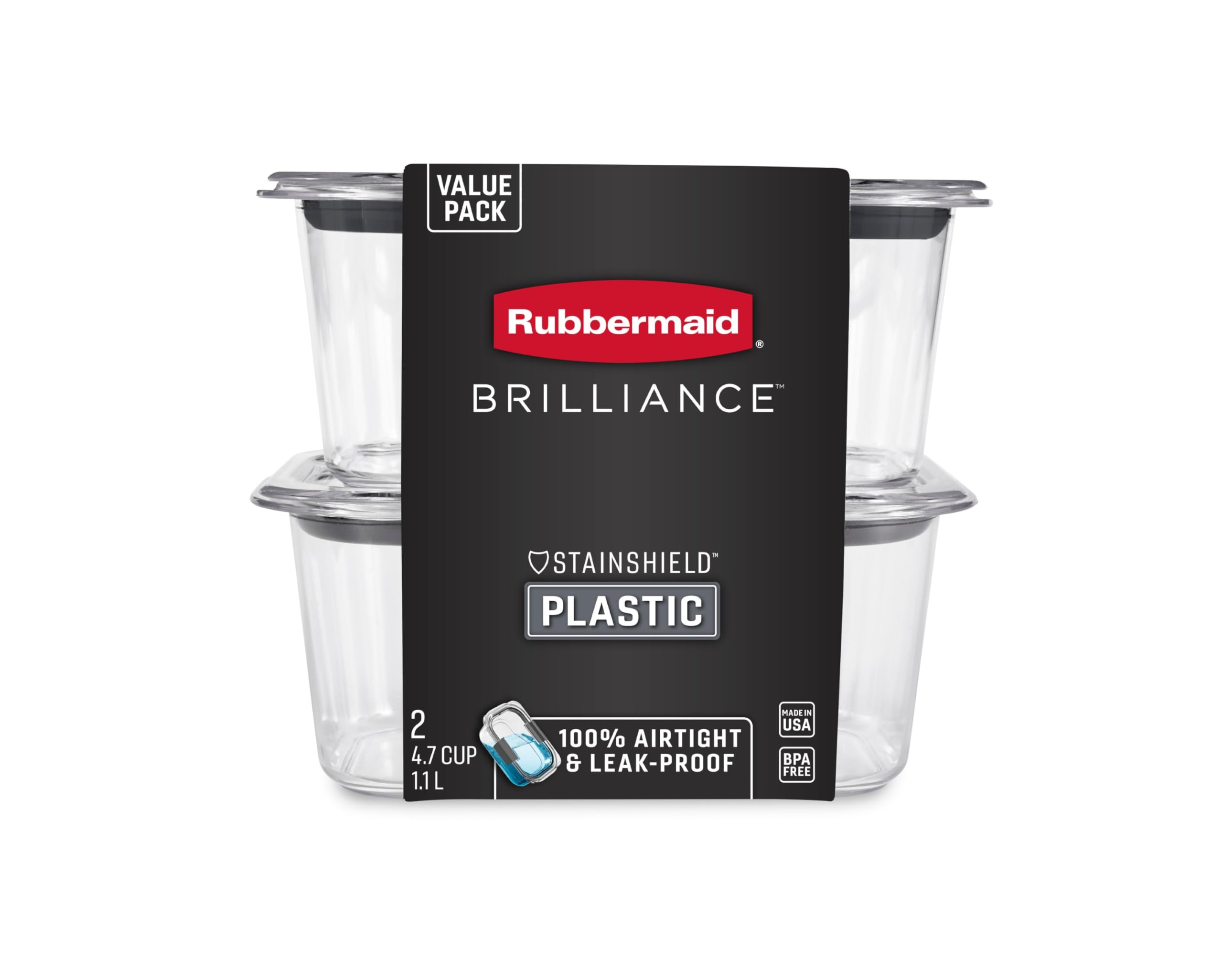 Rubbermaid Brilliance BPA-Free Food Storage Containers, Medium Deep, 4.7 Cup, 2-Pack, Airtight & Leak-Proof, Microwave & Dishwasher Safe - Image 2
