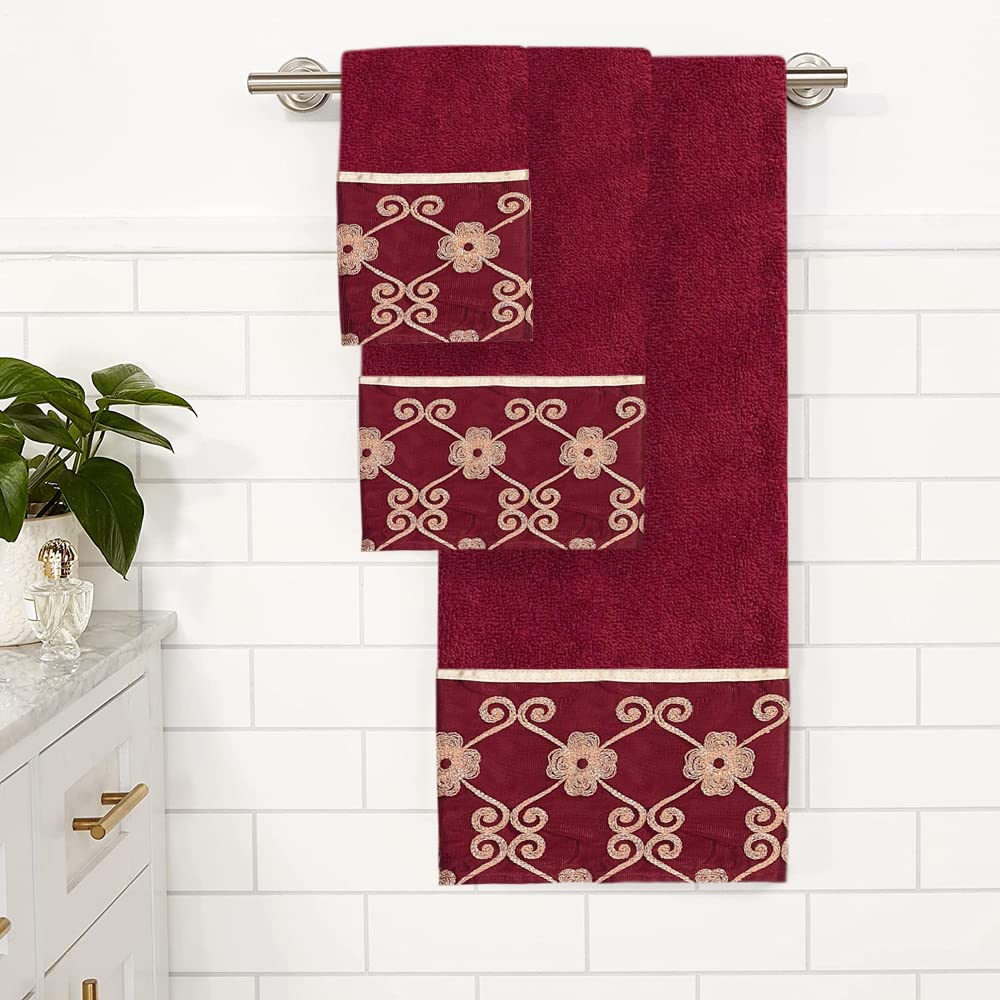 Popular Bath Bath Towels, Vlegant Rosa Collection, 21" x 12", Burgundy/Gold - Image 2