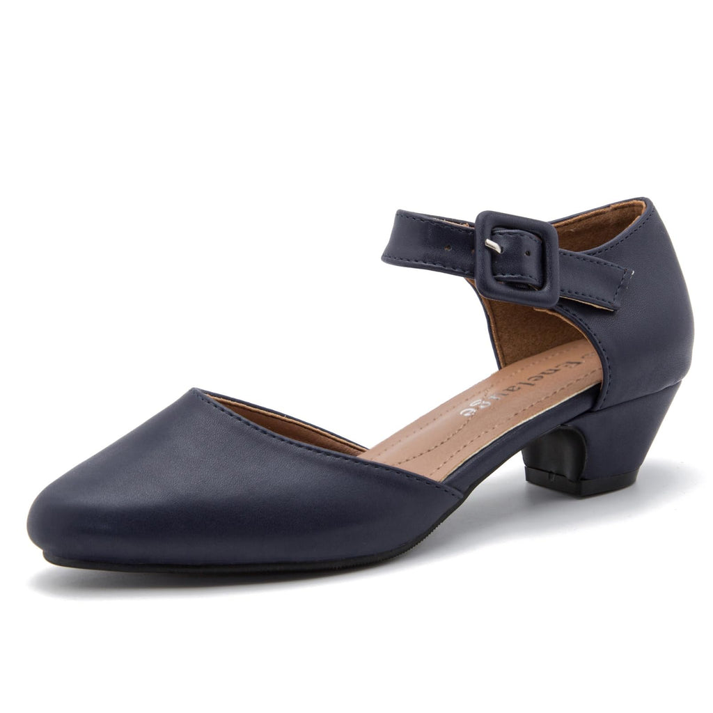 Enelauge Women's Ankle Strap Closed Toe Low Chunky Heel Dress Work Pumps Matte Navy - Image 1