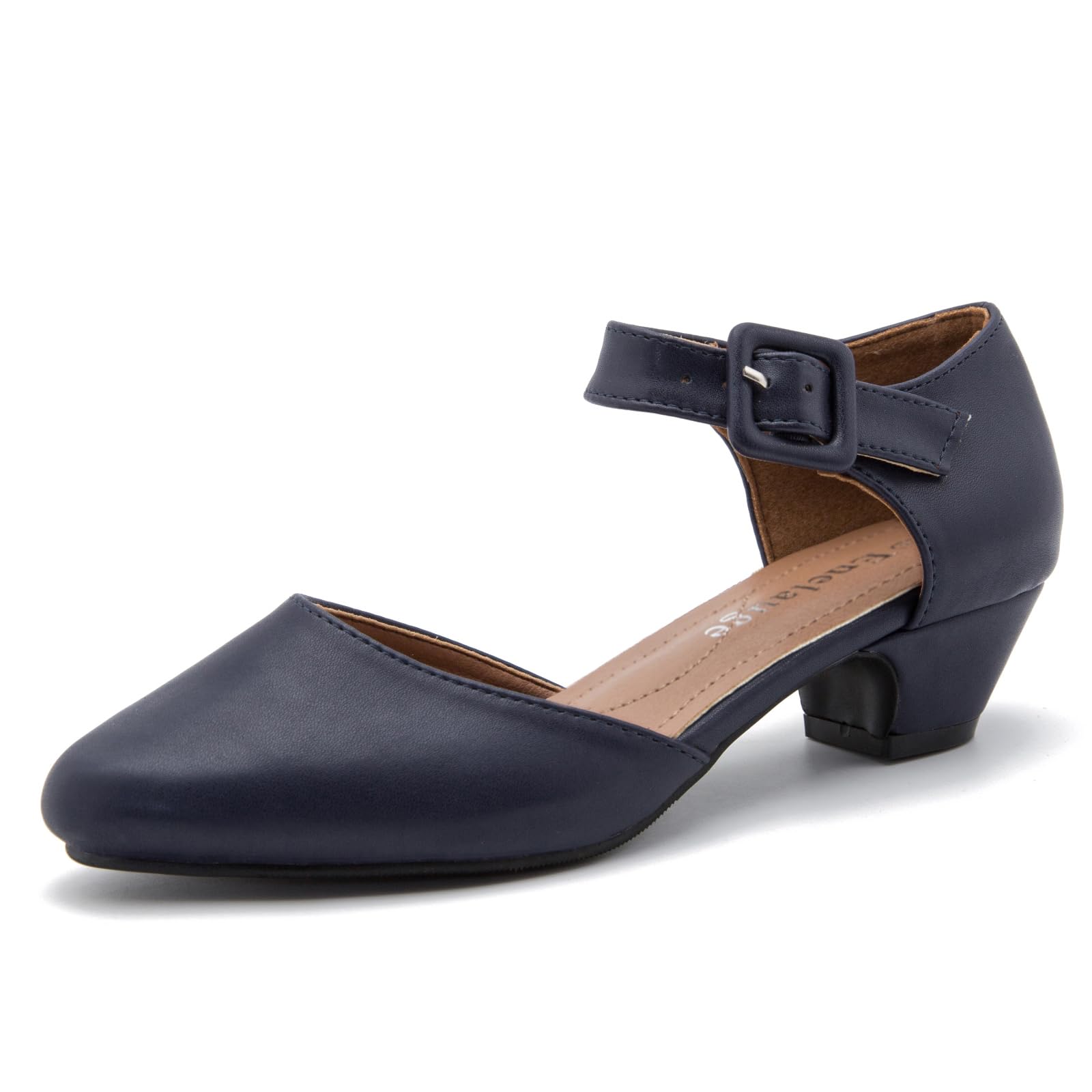 Enelauge Women's Ankle Strap Closed Toe Low Chunky Heel Dress Work Pumps Matte Navy - Image 1