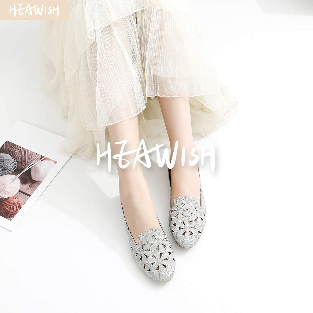 HEAWISH Women's Floral Ballet Flats for Women Black Beige Slip On (Grey,10)