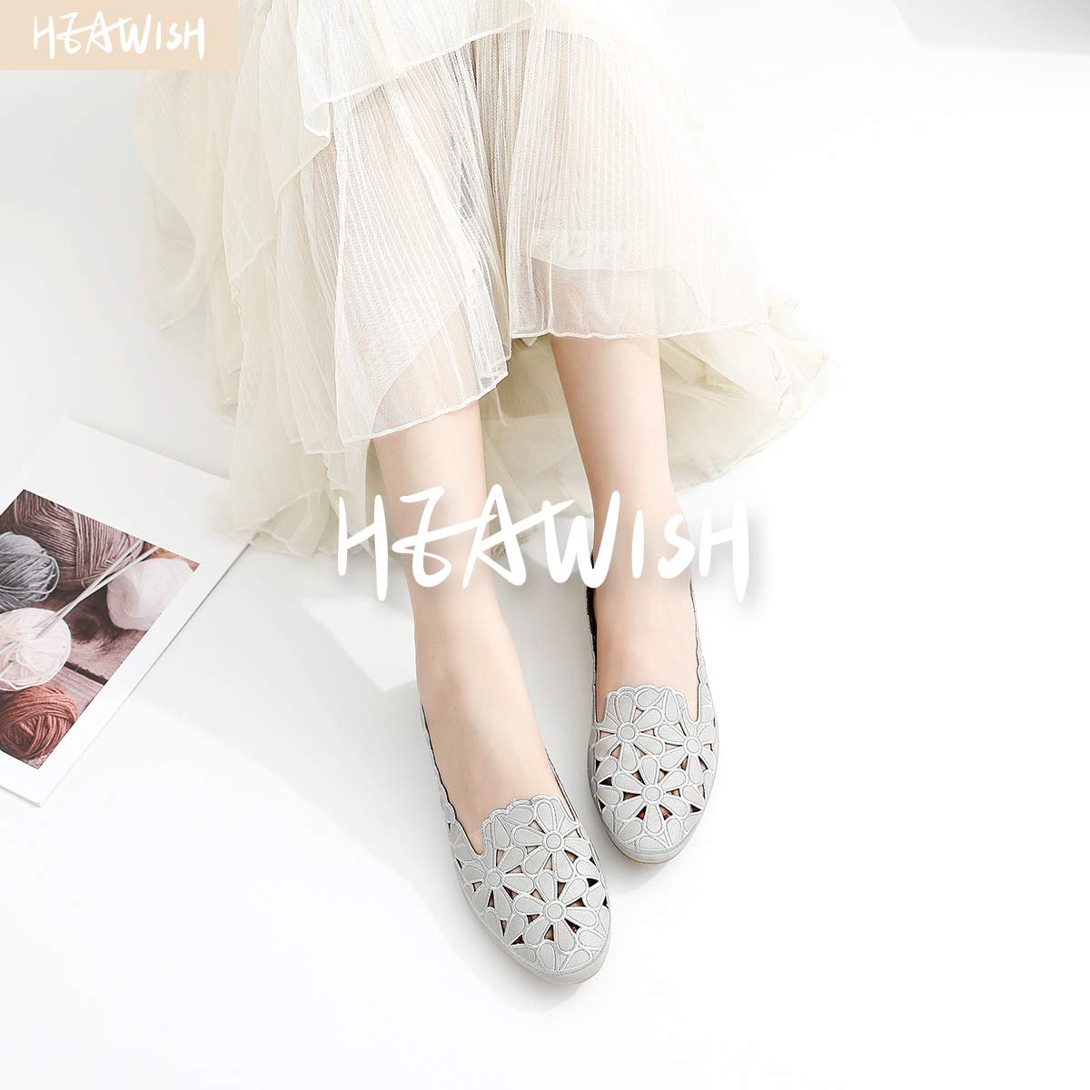 HEAWISH Women's Floral Ballet Flats for Women Black Beige Slip On (Grey,10)