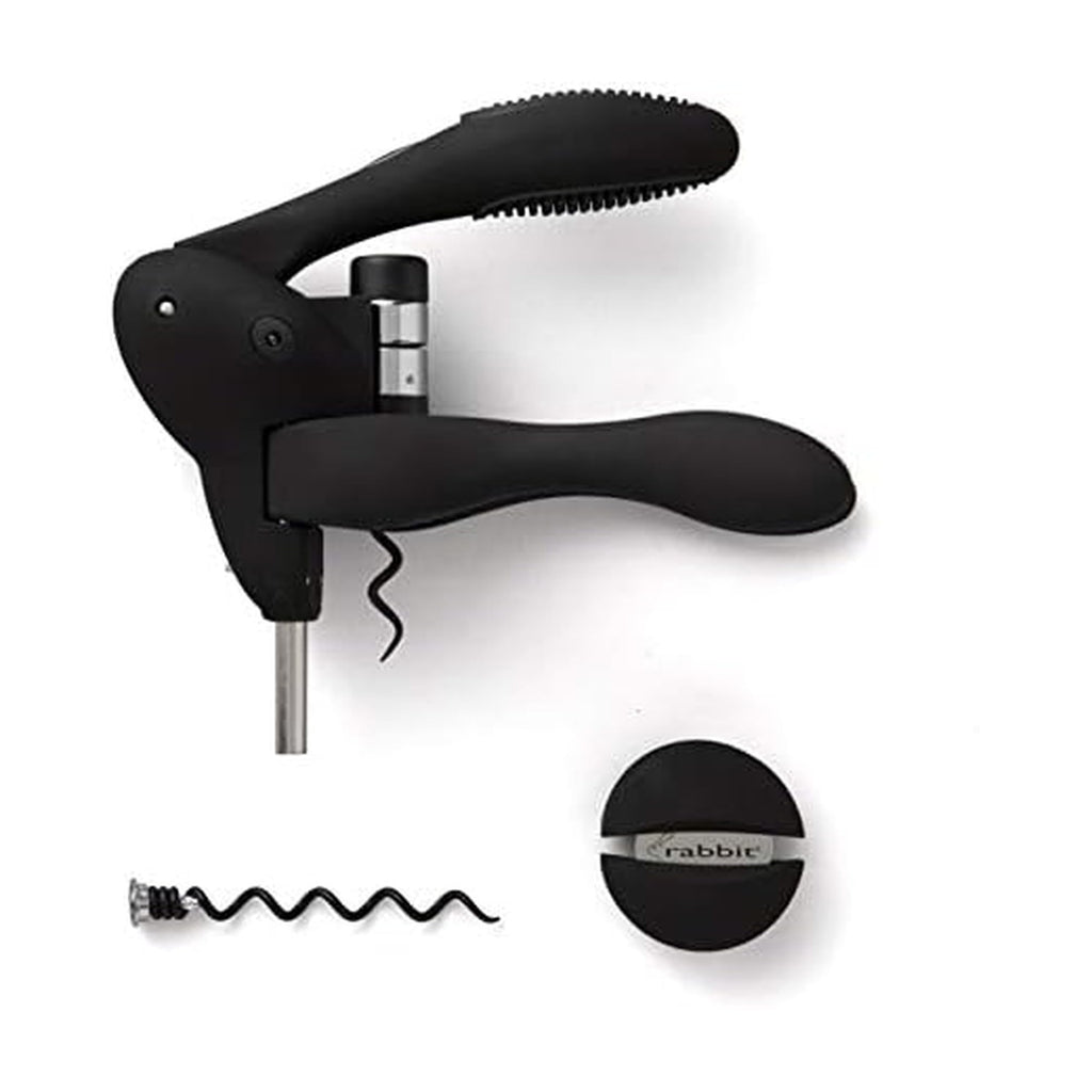 Rabbit W6004N Original Lever Corkscrew Wine Opener with Foil Cutter and Extra Spiral, Black Finish, Smooth Lever Action for Effortless Cork Removal - Image 1