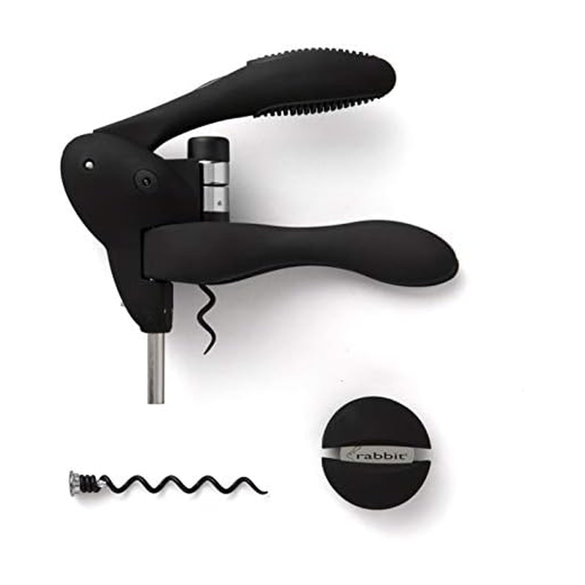 Rabbit W6004N Original Lever Corkscrew Wine Opener with Foil Cutter and Extra Spiral, Black Finish, Smooth Lever Action for Effortless Cork Removal - Image 1