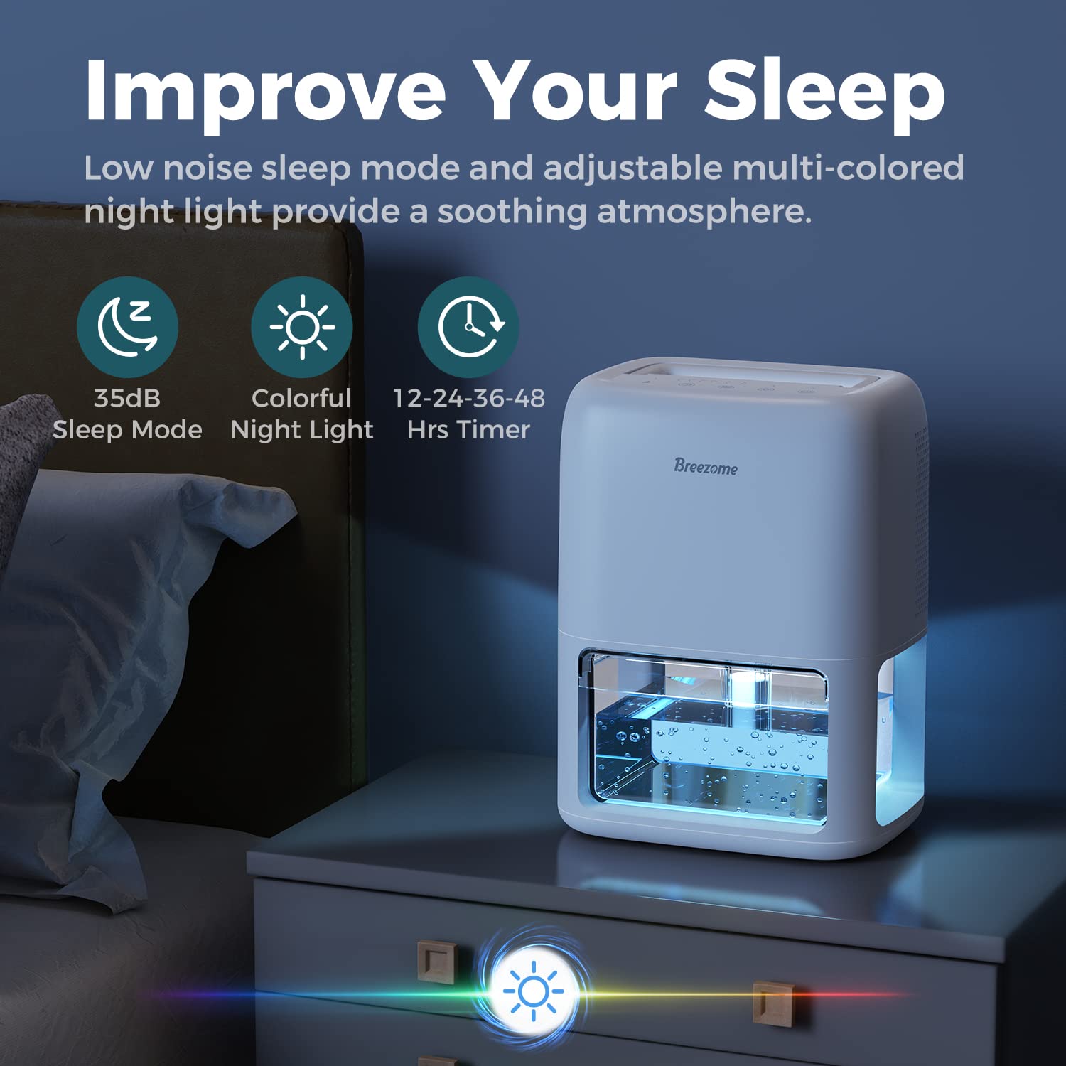 BREEZOME 60 OZ Dehumidifiers for Home, Dual-Semiconductor Quiet Dehumidifier with Timer Sleep Mode Auto-Off 7 Colors Light Portable Small Dehumidifiers for Bathroom, Cloakroom, RV - Image 5
