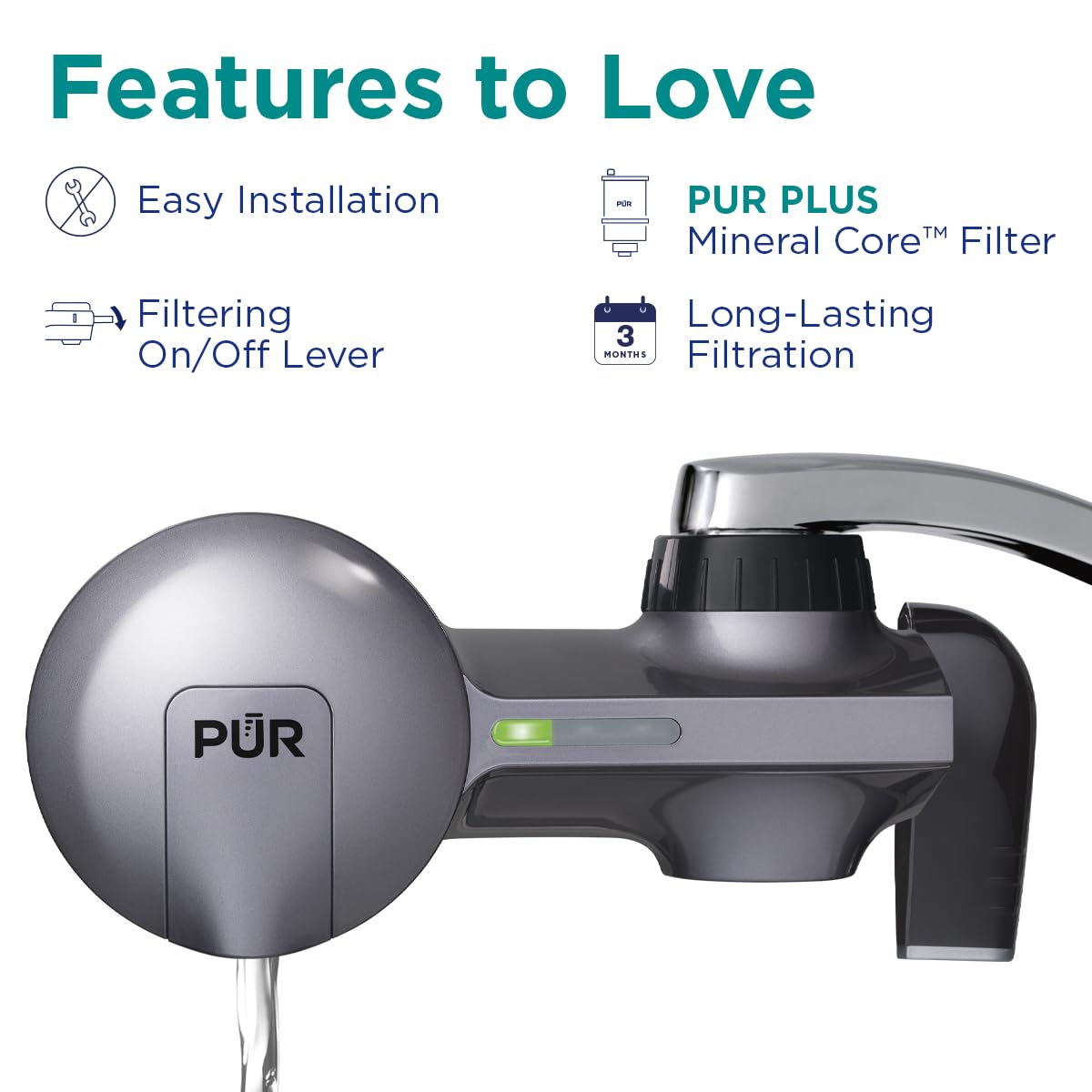 PUR Plus Horizontal Faucet Mount Filtration System with 3-in-1 Lead Reducing Filter, Water Filter for Sink, Lasts 100 Gallons, Compatible with Sinks with External Aerators, Metallic Grey - Image 1