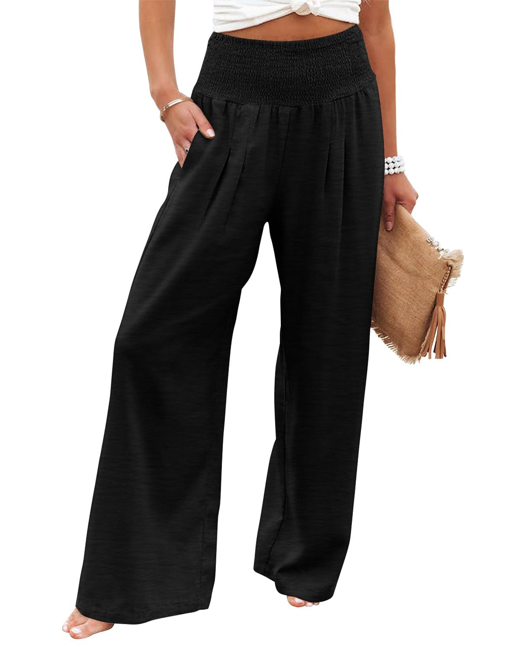 Angerella Women's Smocked High Waisted Solid Color Loose Wide Leg Pants Palazzo with Pockets Black XL - Image 1