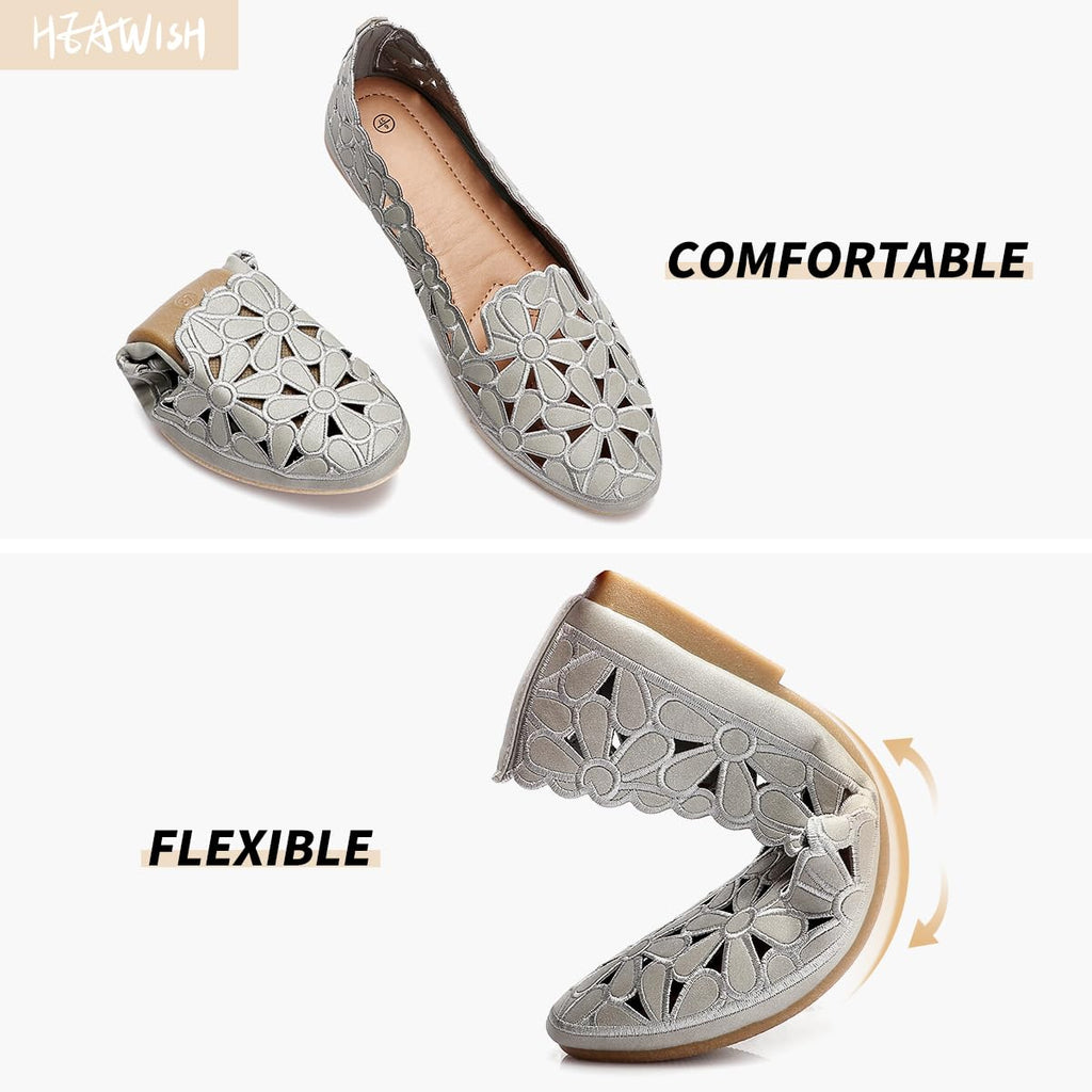 HEAWISH Women's Floral Ballet Flats for Women Black Beige Slip On (Grey,10)
