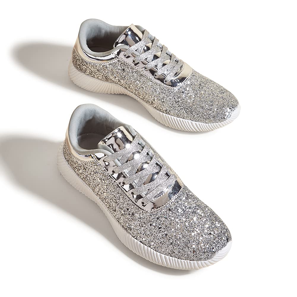 BELOS Women's Glitter Shoes Sparkly Lightweight Metallic Sequins Tennis Shoes(11B(M) US, Silver) - Image 4