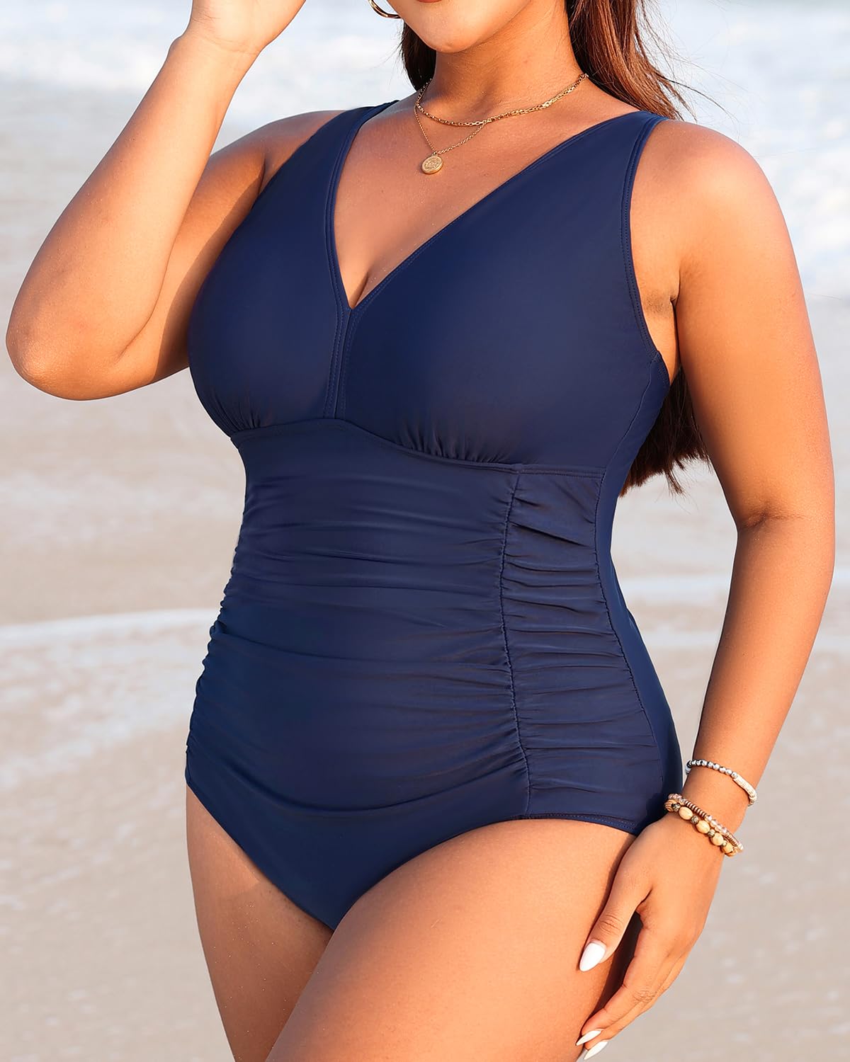 Aqua Eve Women Plus Size One Piece Swimsuits V Neck Tummy Control Bathing Suits Retro Ruched Swimwear Blue  - Image 3