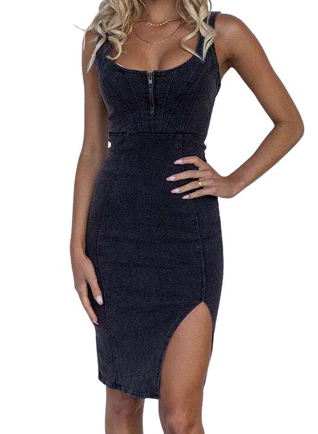 utcoco Denim Dress for Women Sleeveless Side Slit Bodycon Midi Jean Dresses for Women 2025 (Large, Black) - Image 1