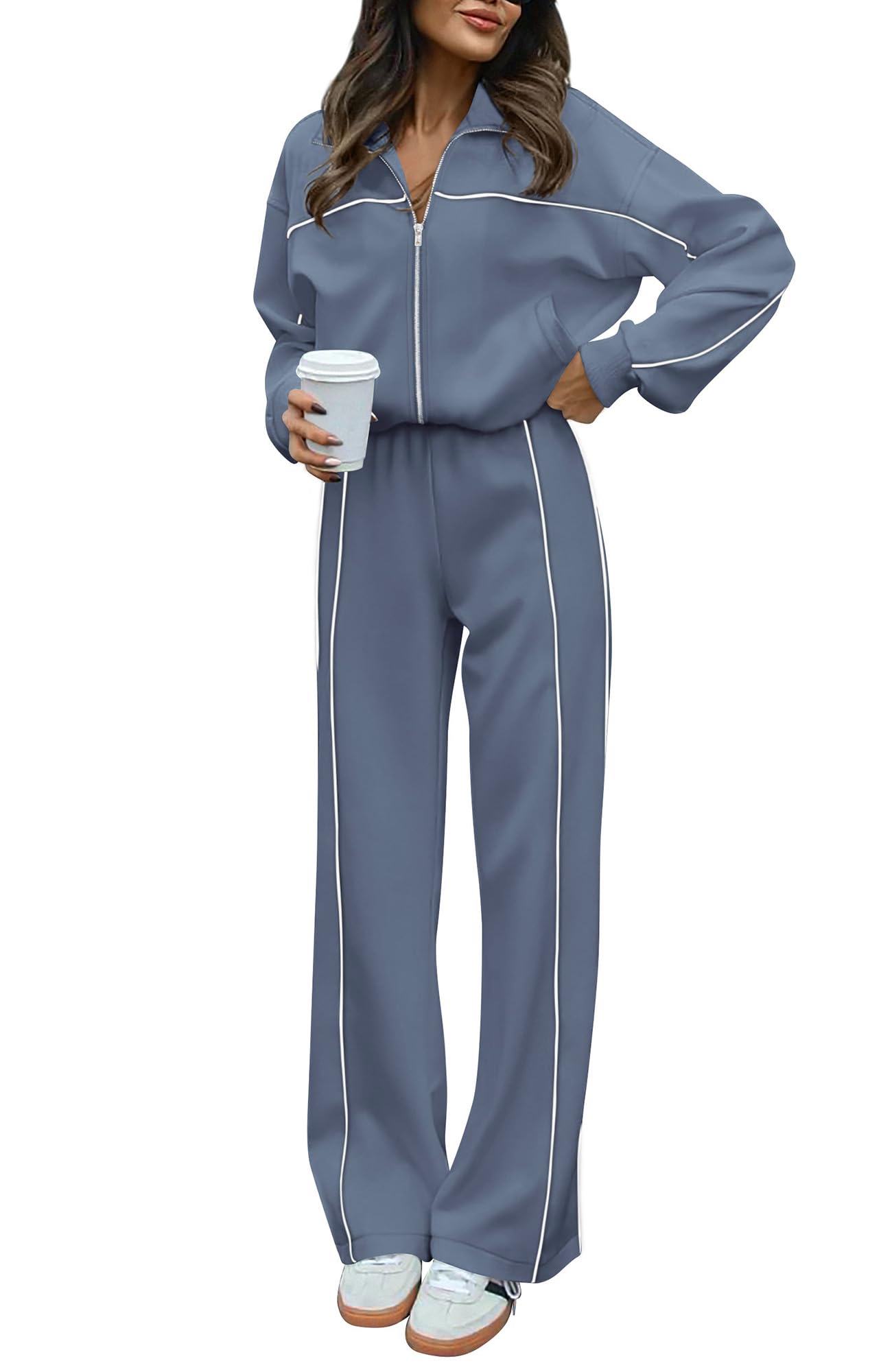 BTFBM Women's Two Piece Tracksuit Fall 2025 Long Sleeve Zip Up Sweatshirt Long Pants Outfits Jogger Sweatsuit Sets(Grey Blue,Medium) - Image 1
