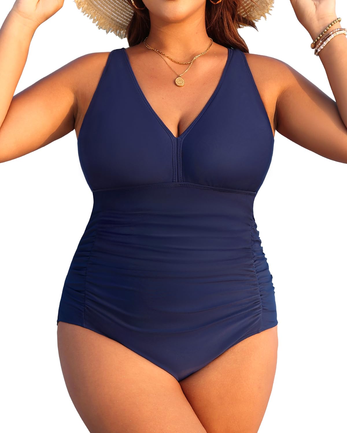 Aqua Eve Women Plus Size One Piece Swimsuits V Neck Tummy Control Bathing Suits Retro Ruched Swimwear Blue  - Image 1