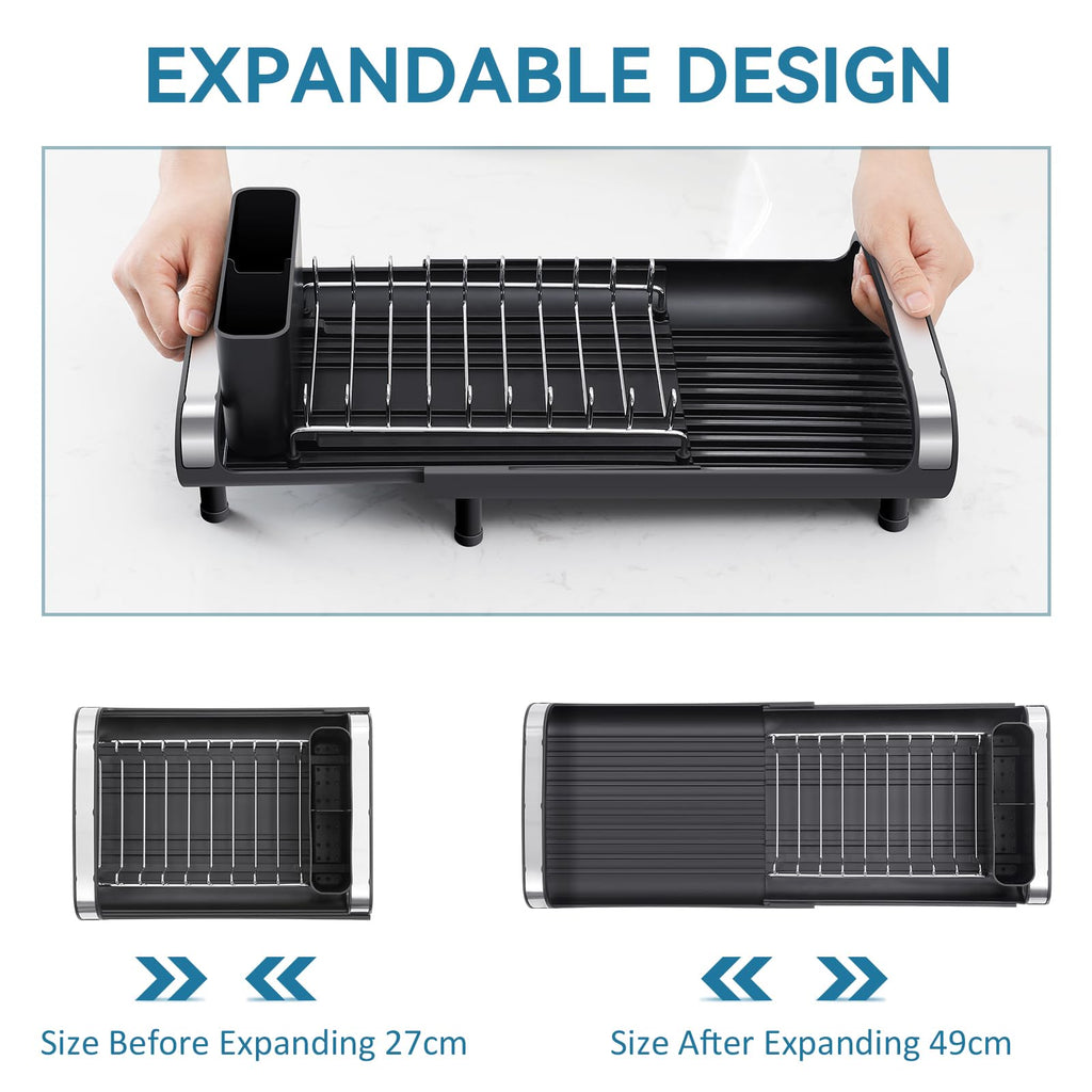 Mini Expandable Dish Drying Rack, Stainless Steel, Black, Compact Design