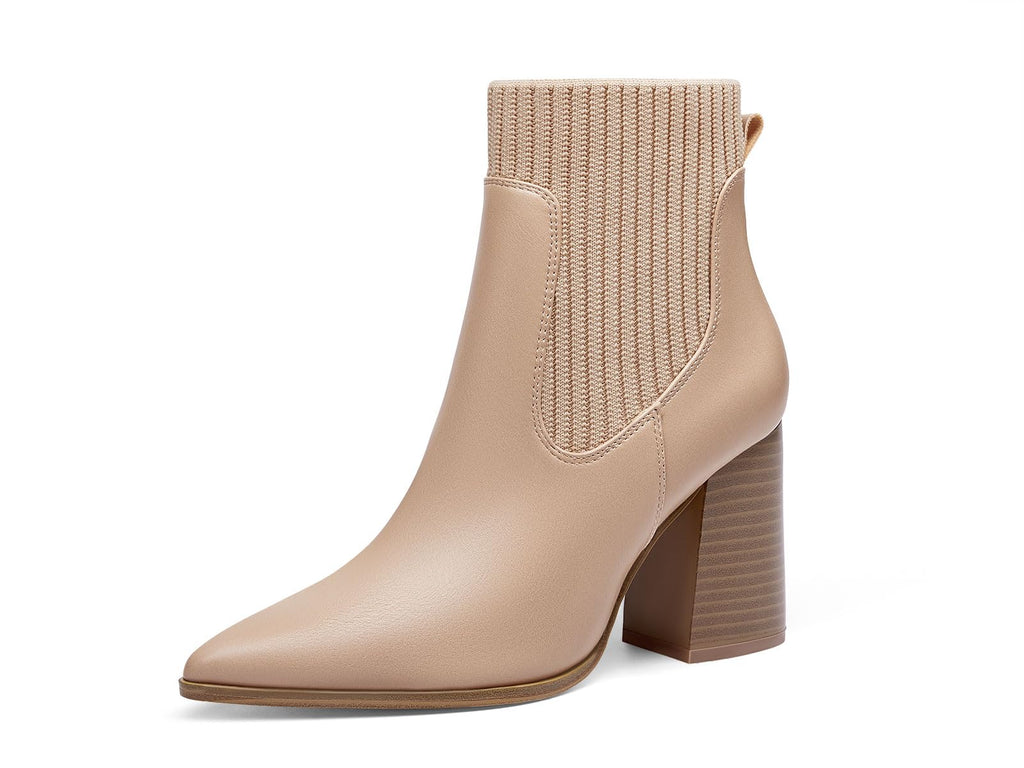 Coutgo Womens Pointed Toe Ankle Boots Elastic Chunky Block Stacked Mid Heel Comfortable Chelsea Booties Shoes - Image 1