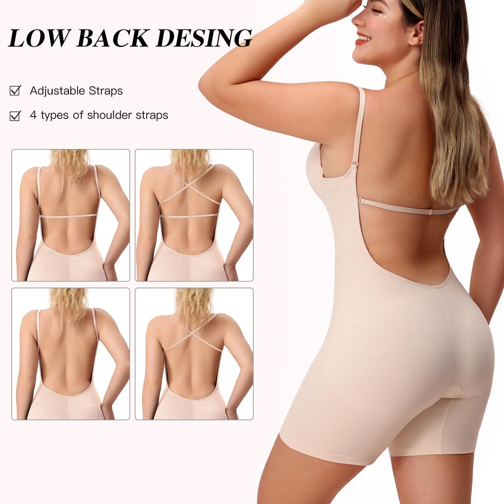 Slimers Backless Shapewear Strapless Bodysuit - Low Back Women Body Shaper : Slimming Built In Bra With Plunge Beige - Image 3