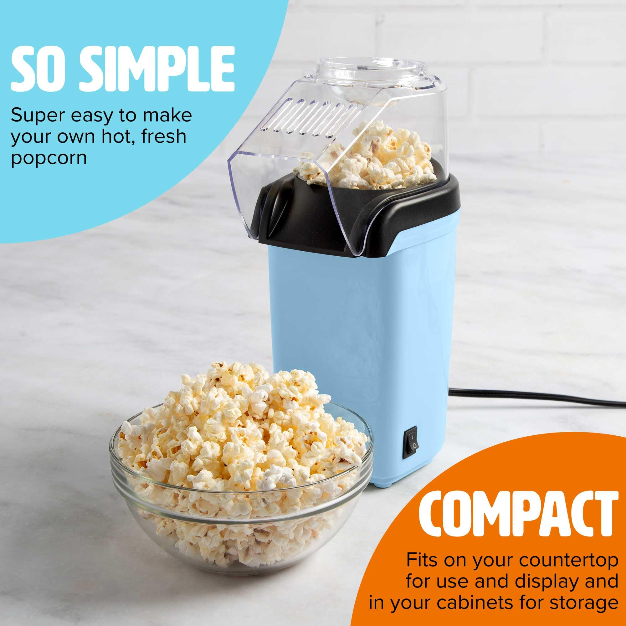 Tasty Hot Air Popcorn Popper, Healthy and Delicious Popcorn in Minutes, Fast and Easy-to-Use, Built-In Measuring Cup and Butter Warmer, 8 Cups, Blue - Image 2