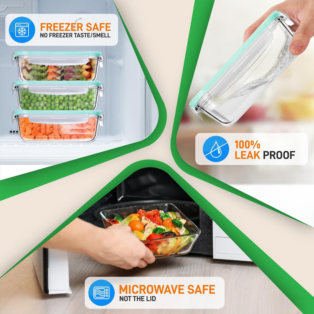 NutriChef 10-Piece Superior Glass Food Storage Containers Set (5 Containers + 5 Locking Lids),Stackable Meal-prep Design, BPA-free Airtight Clear Locking lids with Vent Lids & Air Hole, Green - Image 3