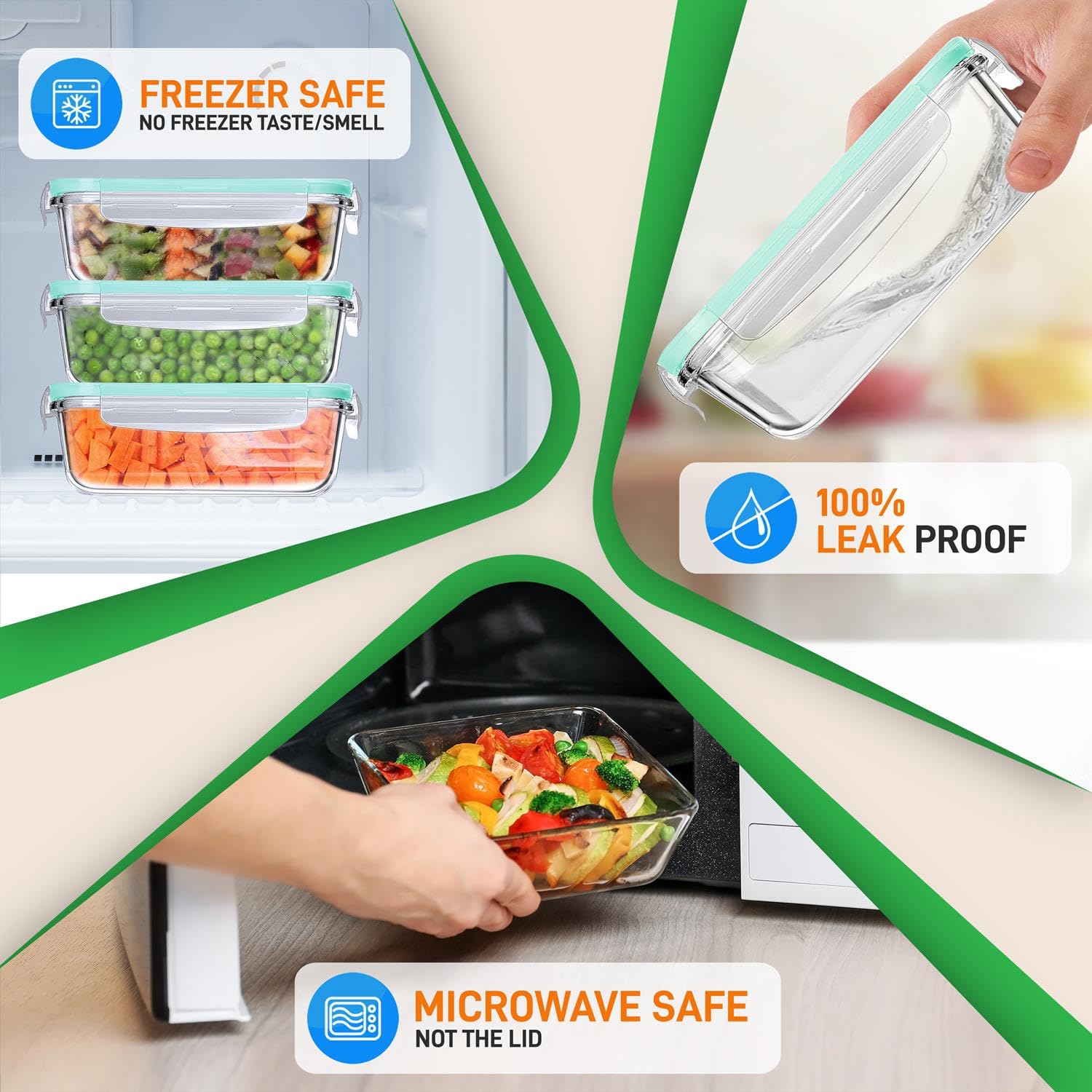 NutriChef 10-Piece Superior Glass Food Storage Containers Set (5 Containers + 5 Locking Lids),Stackable Meal-prep Design, BPA-free Airtight Clear Locking lids with Vent Lids & Air Hole, Green - Image 3