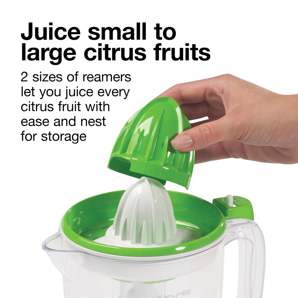 Proctor Silex Electric Citrus Juicer Machine, Large 34 oz. Pitcher, Pressure Activated, 2 Reamers for Big and Small Fruit, Pulp Control, for Orange, Lemon, Grapefruit Juice, White & Green (66340) - Image 4