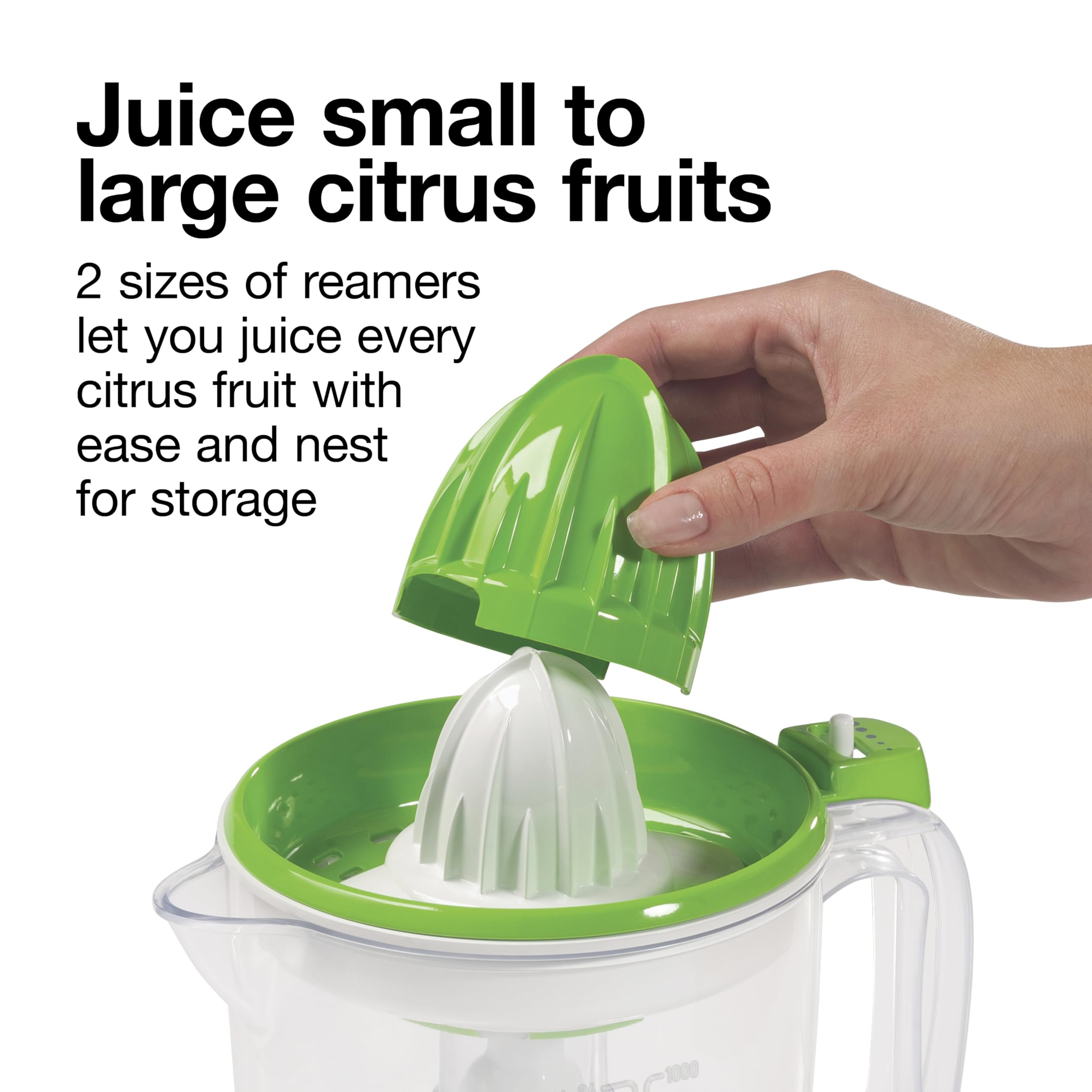Proctor Silex Electric Citrus Juicer Machine, Large 34 oz. Pitcher, Pressure Activated, 2 Reamers for Big and Small Fruit, Pulp Control, for Orange, Lemon, Grapefruit Juice, White & Green (66340) - Image 4