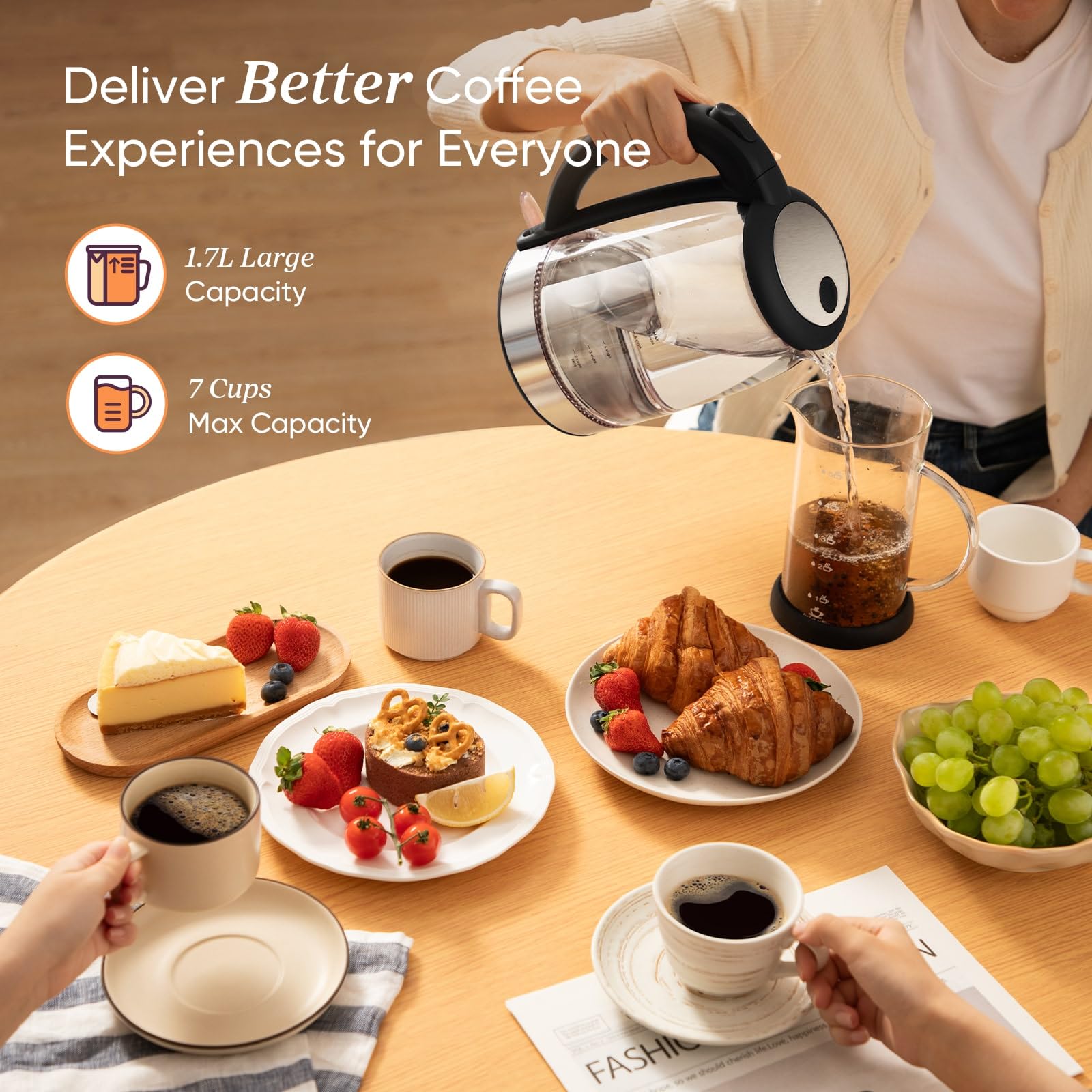 Cosori Electric Kettle, No Plastic Filter & Spout, 1.7L Tea Kettle & Hot Water Boiler For Coffee & Tea, Water Heater & Teapot, Automatic Shut Off, Borosilicate glass, Black, 1500W - Image 5