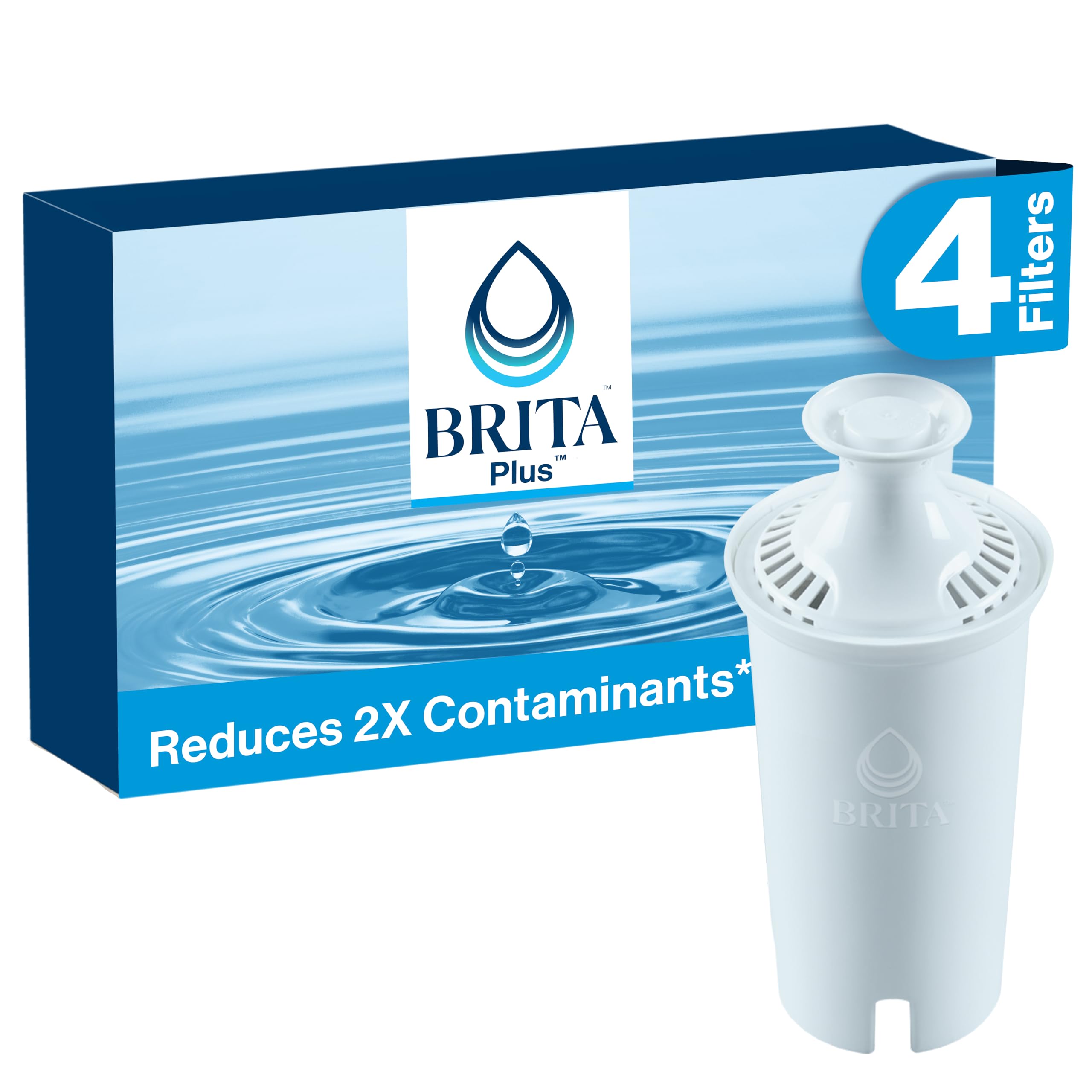 Brita Plus Water Filter, BPA-Free, High-Density Replacement Filter for Pitchers and Dispensers, Reduces 2x Contaminants*, Lasts Two Months or 40 Gallons, Includes 4 Filters - Image 1