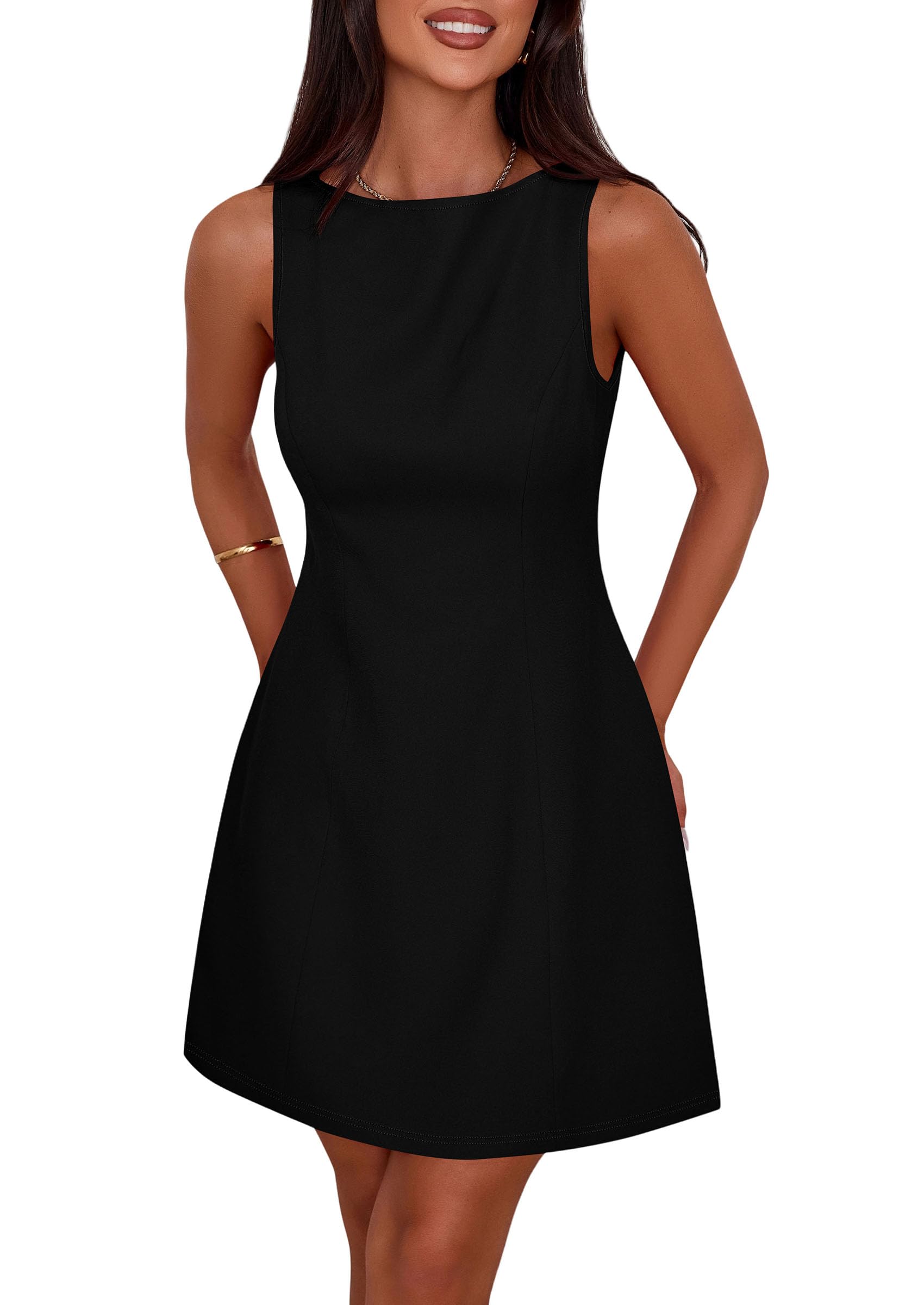 PRETTYGARDEN Womens Formal Short Dresses 2026 Summer Sleeveless Boat Neck A Line Elegant Mini Cocktail Party Dress (Black,X-Small) - Image 1