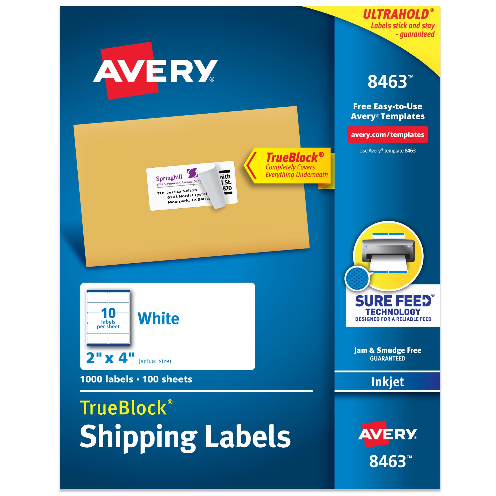Avery Printable Shipping Labels with Sure Feed, 2" x 4" Customizable Stickers, White, 1,000 Blank Mailing Labels, Great for Mailing, Shipping, and More (8463) - Image 1