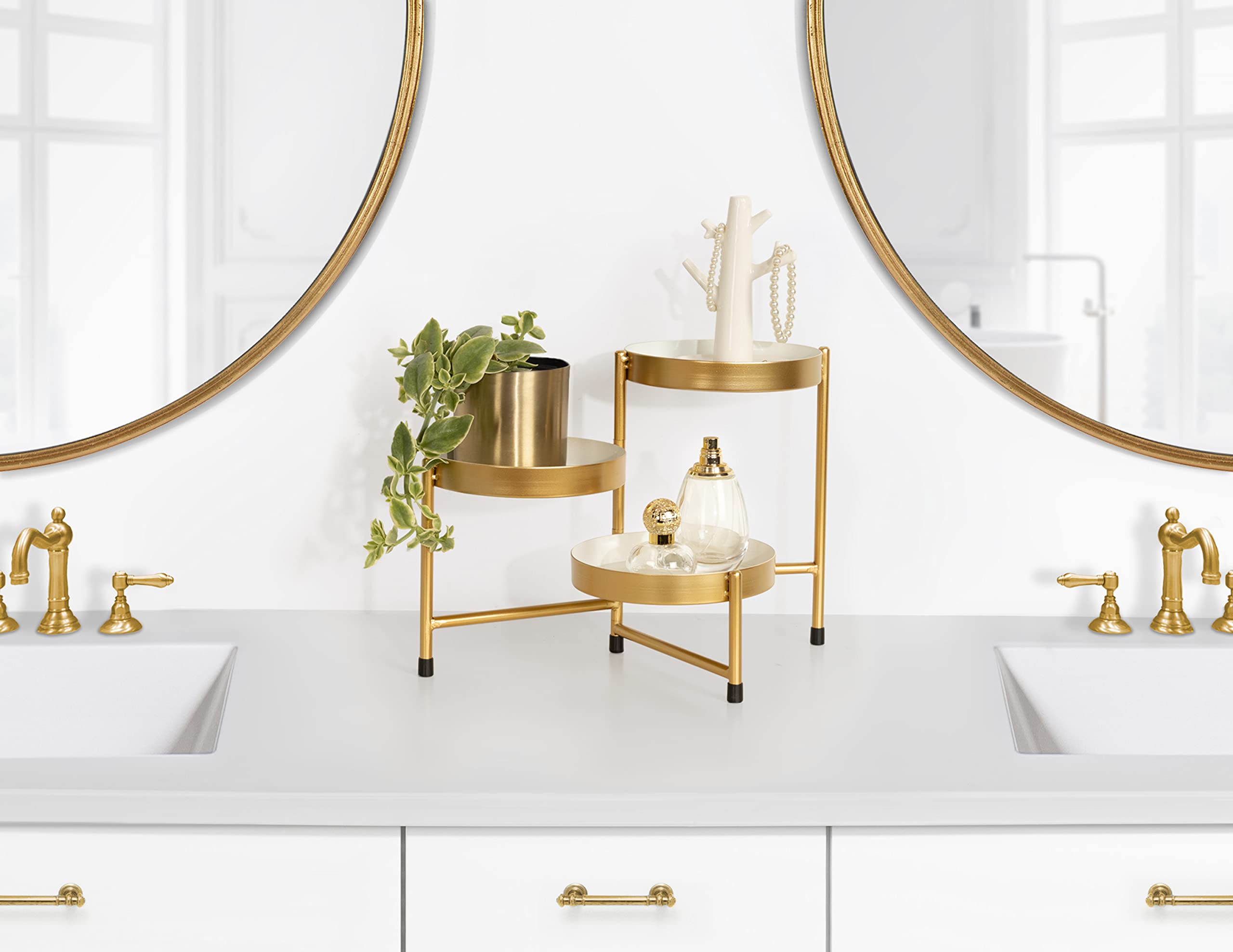 Kate and Laurel Finn 3-Tiered Plant Stand; 7.25 x 7.25 x 10; White and Gold; Decorative Layered Tabletop Plant Stand for Display and Storage - Image 4