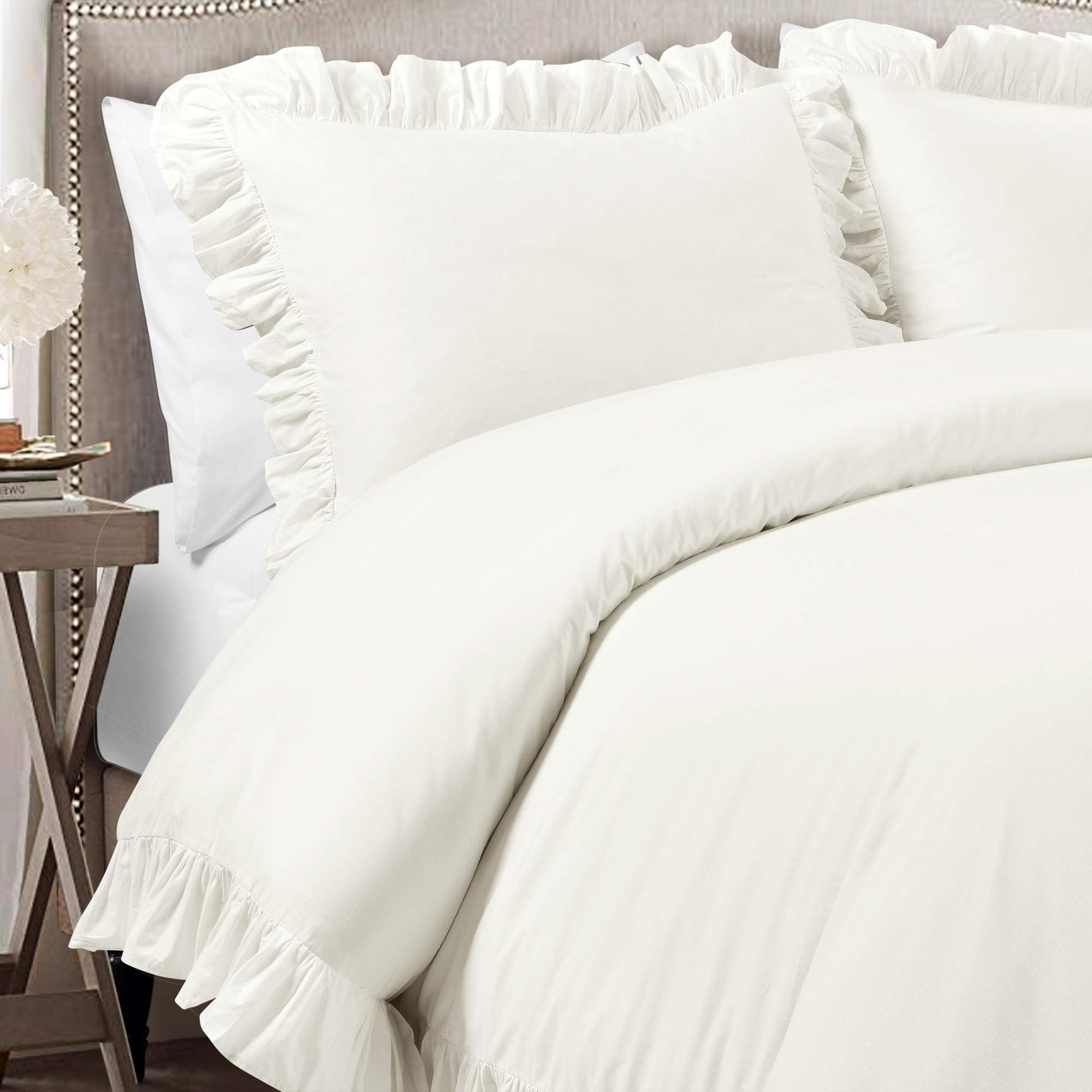 Lush Decor Reyna Ruffle Cotton Duvet Cover Set 3 Piece Set Full/ Queen, White - Queen Size Bedding Set - White Duvet Queen- Ruffled Bedding - Coquette Decor - Image 3