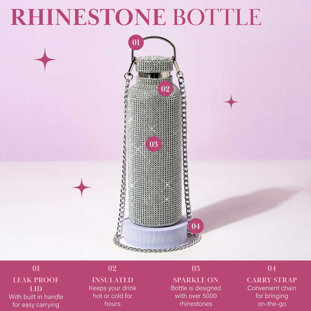 Paris Hilton Diamond Bling Water Bottle With Lid And Removable Carrying Strap, Stainless Steel Vacuum Insulated, Bedazzled With Over 5000 Rhinestones, 25-Ounce, Silver - Image 3