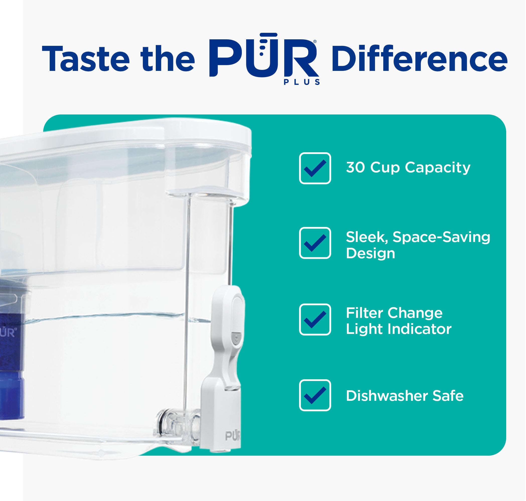 PUR PLUS 30-Cup Water Filter Dispenser with 1 Lead-Reducing PUR PLUS Filter, Dishwasher Safe, Powerful Filtration, Large Capacity with Slim, Space-Saving Design, White (DS1811Z) - Image 2