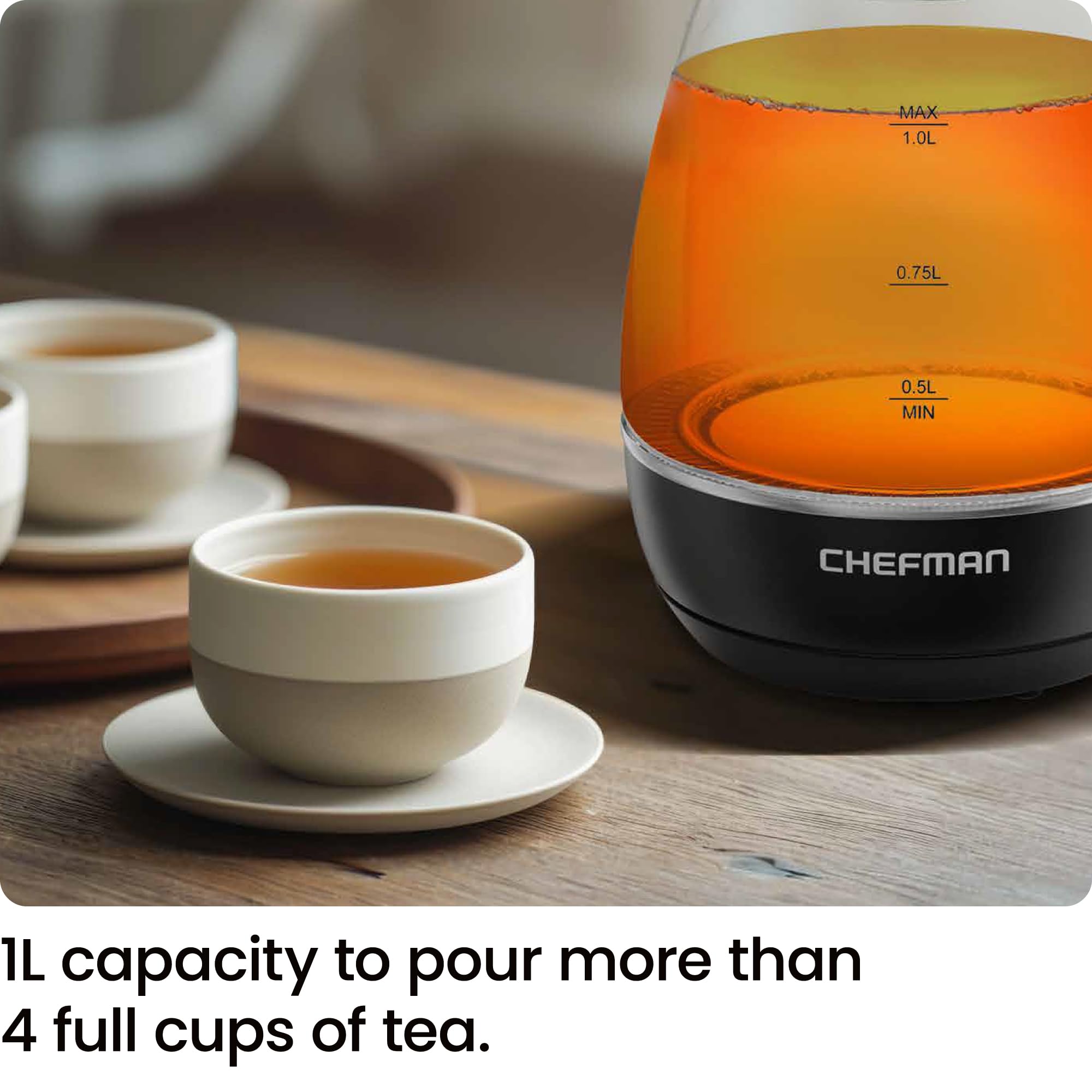 Chefman Electric Kettle with Tea Infuser, 1L 1500W, Removable Lid for Easy Cleaning, Boil-Dry Protection, Stainless Steel Filter, BPA Free, Auto Shut Off Hot Water Boiler, Small Electric Tea Kettle - Image 4
