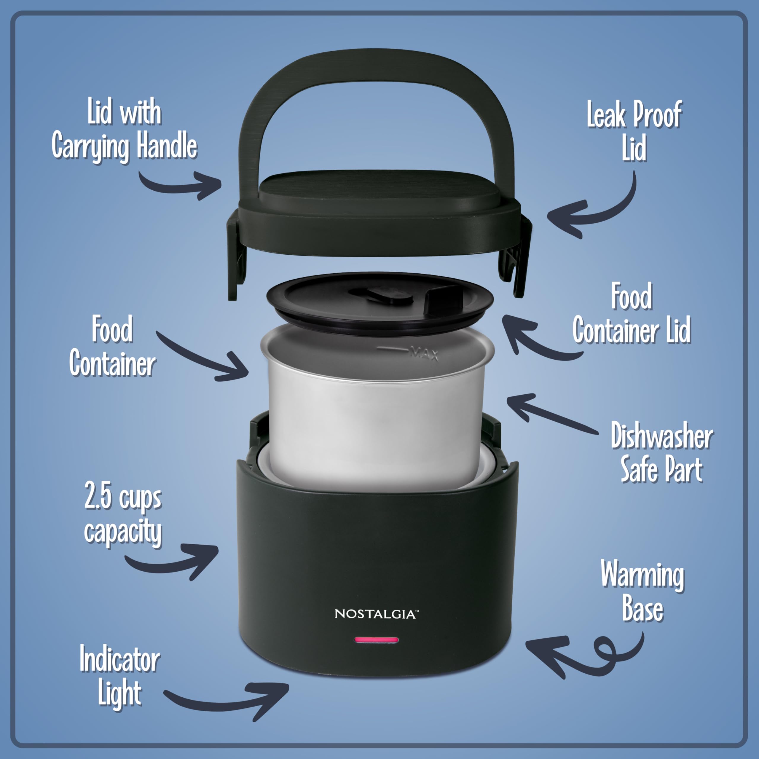 Nostalgia Portable 20-Ounce Electric Heated Lunch Box – Travel Size 2.5 Cup Capacity for Soup, Chili, and Leftovers – Leak Proof Silicone Sealed Lid, Foldable Carry Handle, Detachable Cord – Black - Image 3