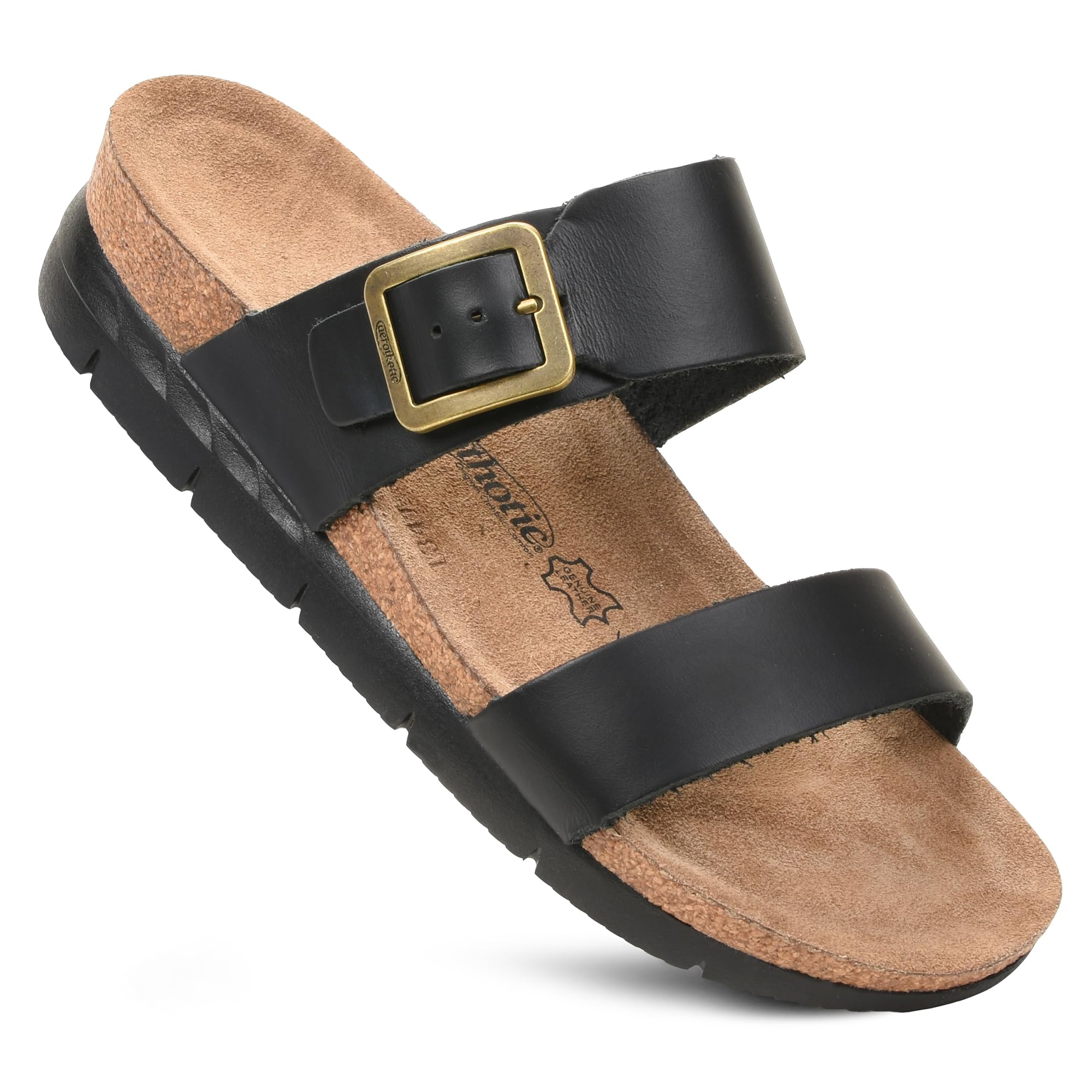 AEROTHOTIC Genuine Leather Slides for Women with Arch Support Comfortable Adjustable Buckle Double Straps with Memory Foam Footbed Slip On Cork Sandals (Florence Black, Size 10-10.5) - Image 1
