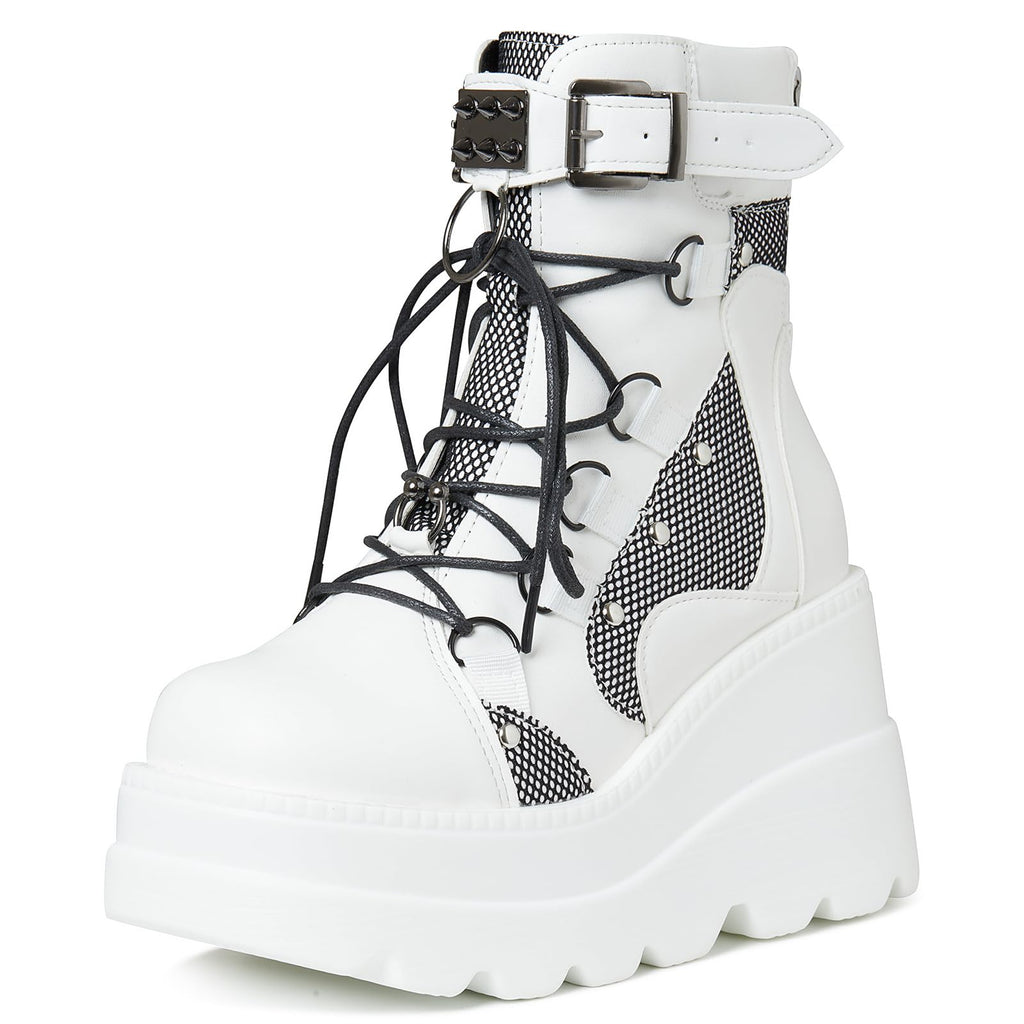 Tscoyuki Platform Ankle Boots for Women Chunky High Heel Booties Goth Round Toe Combat Boots Women Lace Up Motorcycle Wedges - Image 1