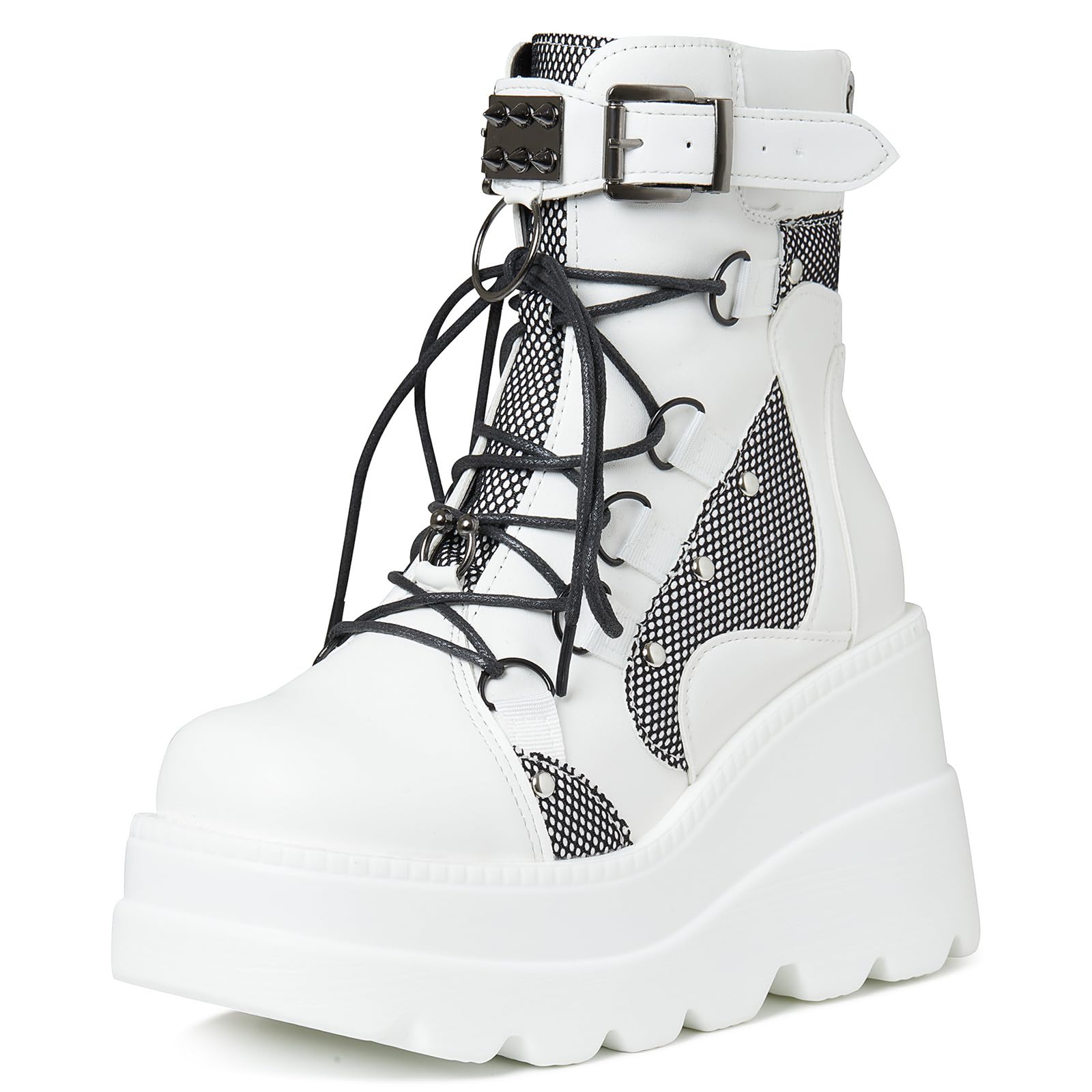 Tscoyuki Platform Ankle Boots for Women Chunky High Heel Booties Goth Round Toe Combat Boots Women Lace Up Motorcycle Wedges - Image 1