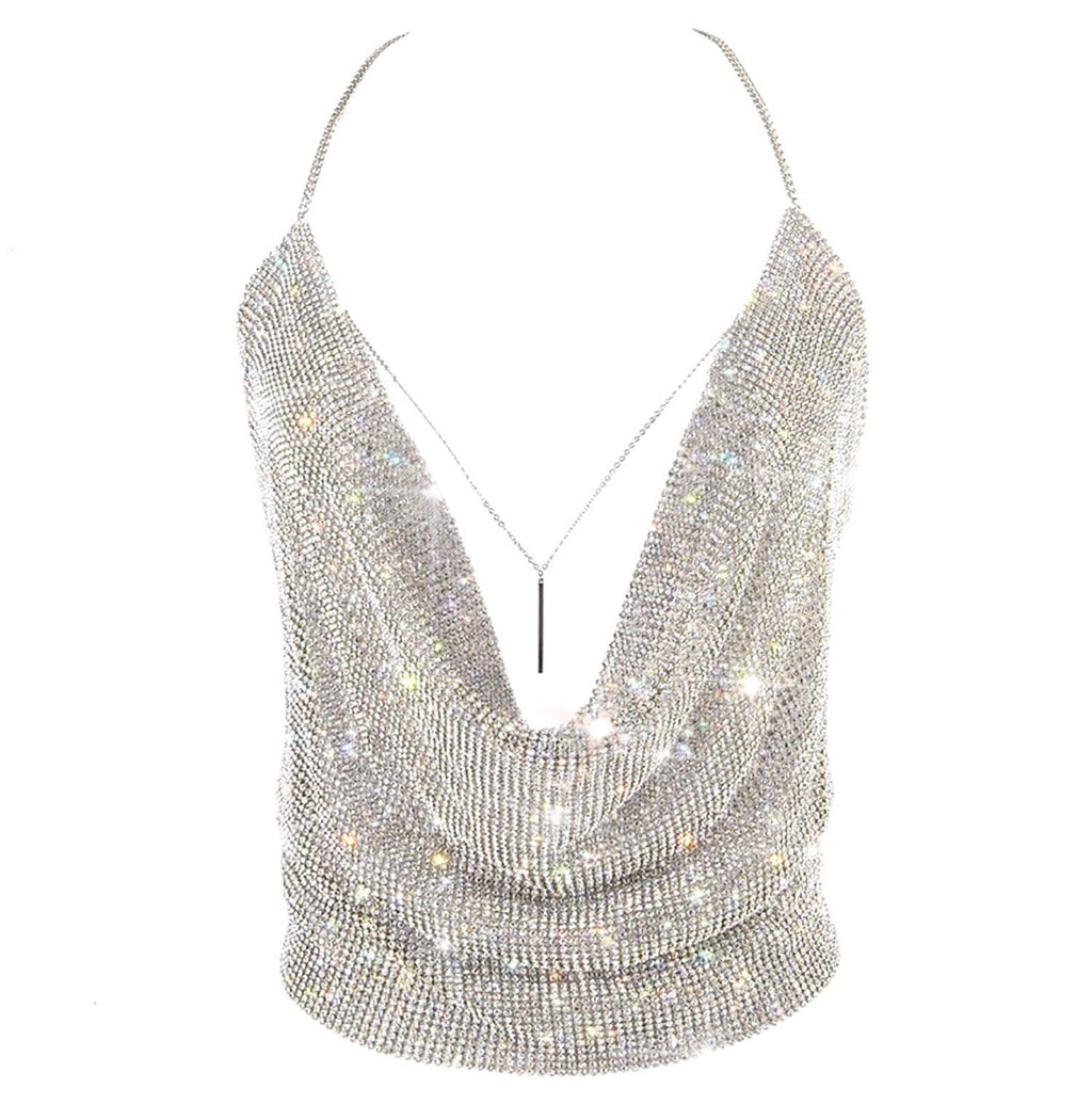 Sexy Sparkly Tops for Women, Deep V Neck Crop Tank Tops Backless Rhinstone Cami Medium - Image 1