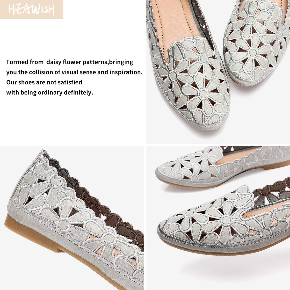 HEAWISH Women's Floral Ballet Flats for Women Black Beige Slip On (Grey,10)