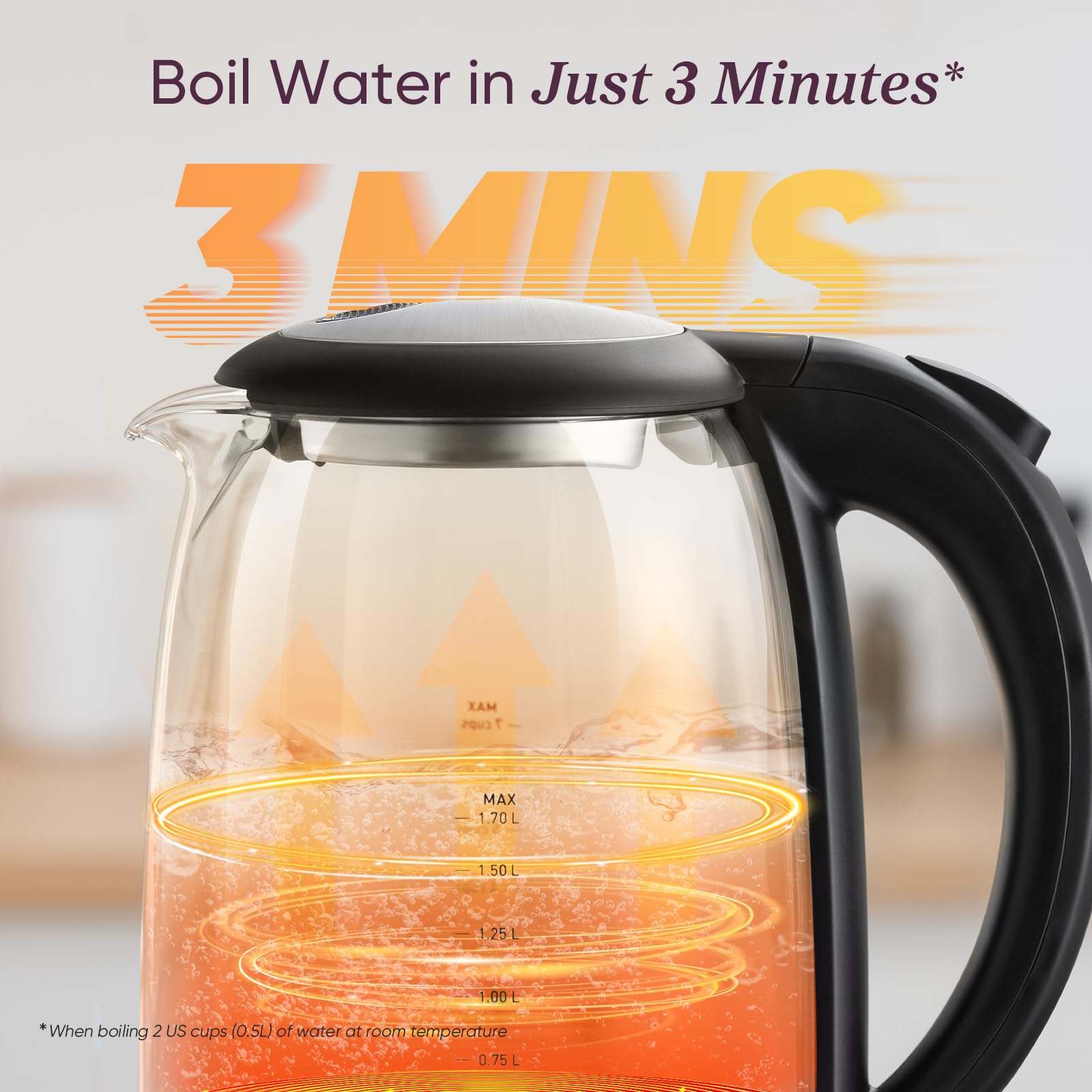 Cosori Electric Kettle, No Plastic Filter & Spout, 1.7L Tea Kettle & Hot Water Boiler For Coffee & Tea, Water Heater & Teapot, Automatic Shut Off, Borosilicate glass, Black, 1500W - Image 4