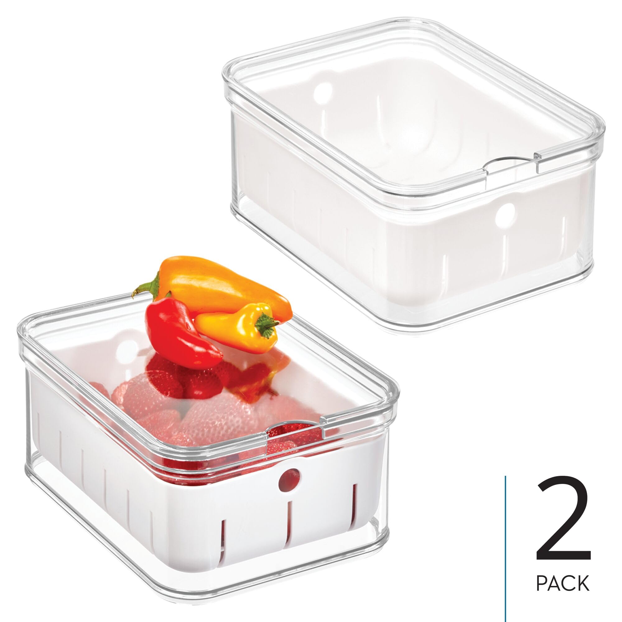 iDesign Small Fridge Berry Bin with Removable Colander Basket and Lid - Set of 2 - Clear/White - Image 2