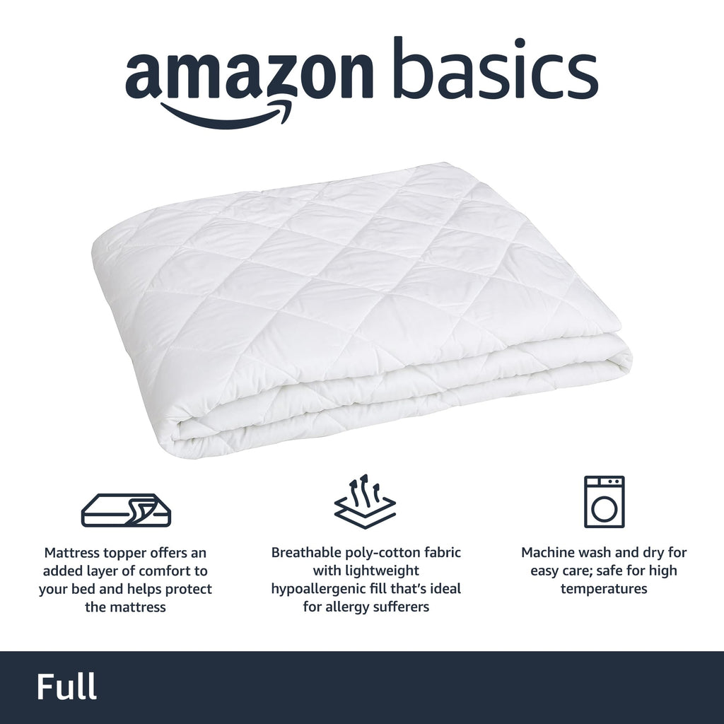 Amazon Basics Hypoallergenic Quilted Mattress Topper Pad, Cover 18 Inches Deep, Full, White - Image 1