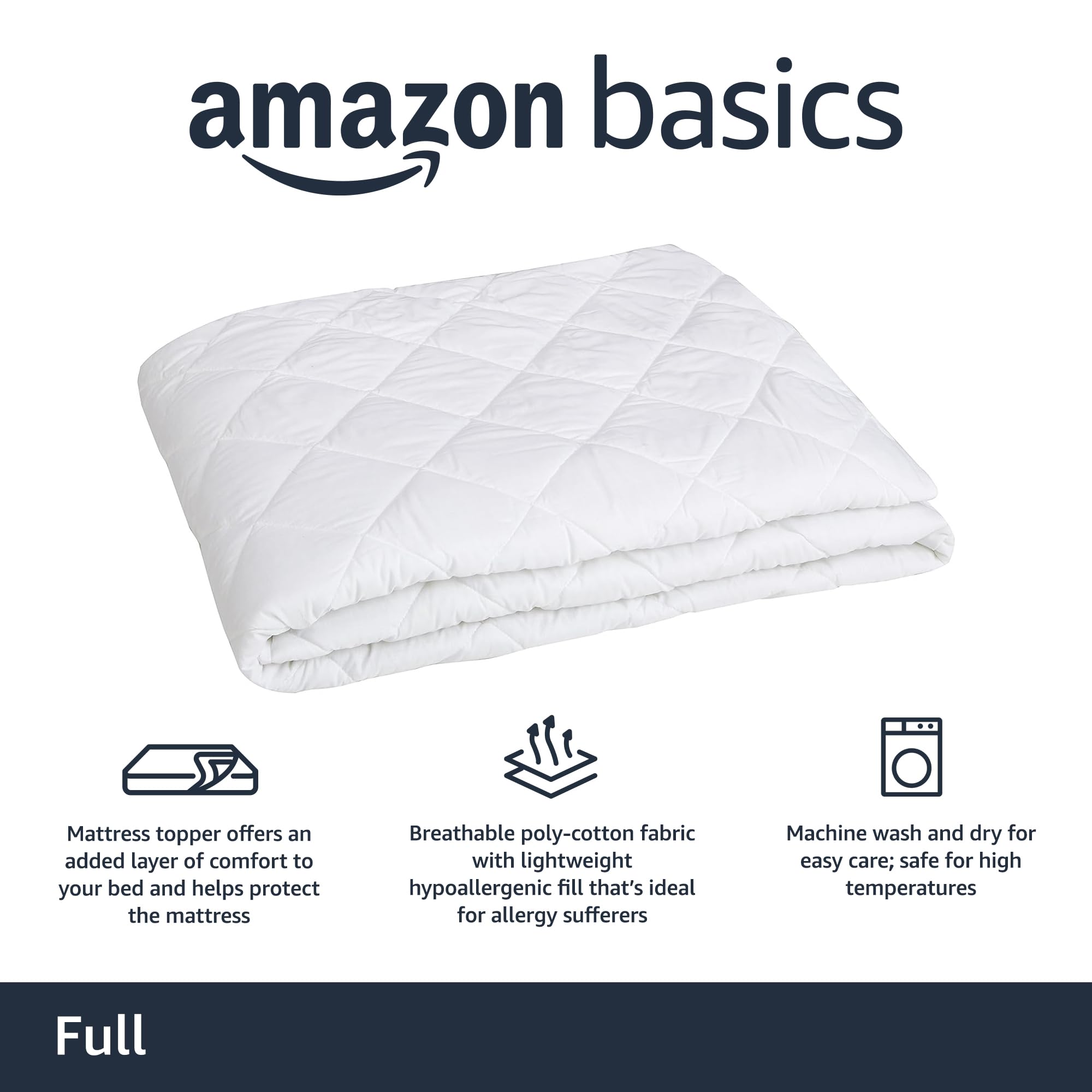 Amazon Basics Hypoallergenic Quilted Mattress Topper Pad, Cover 18 Inches Deep, Full, White - Image 1